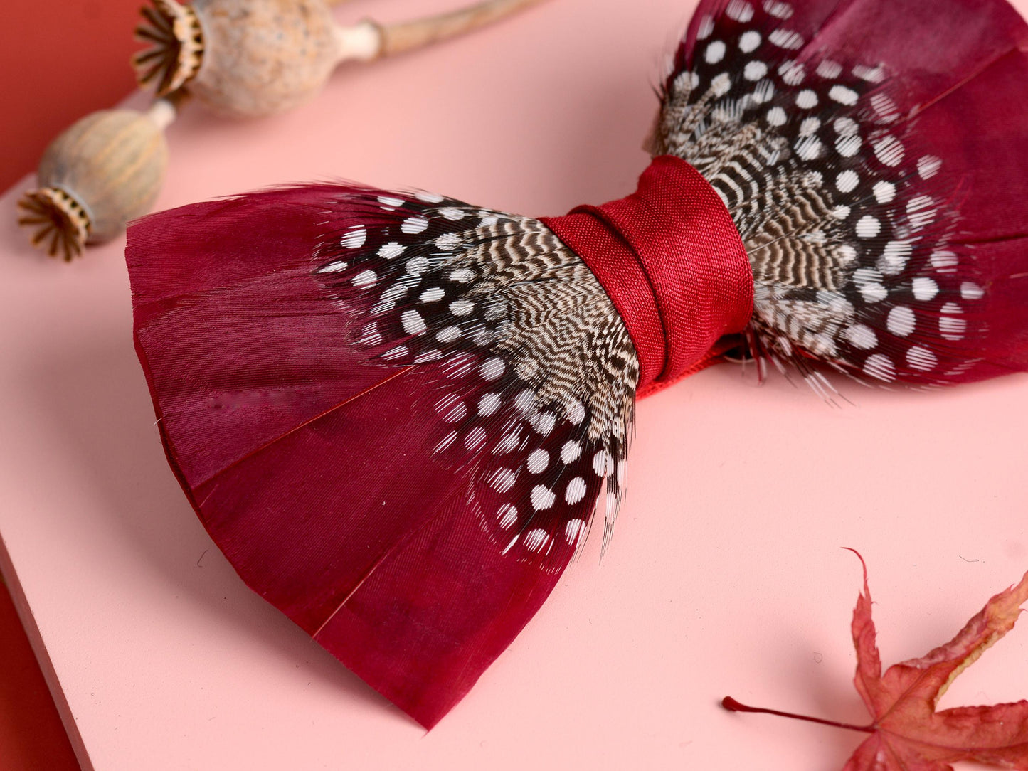 Feather Bow Tie in Light Burgundy and Polka Dot | Grooms Outfit | Feather Neck Tie | Mens Gift | Black Tie | Wedding