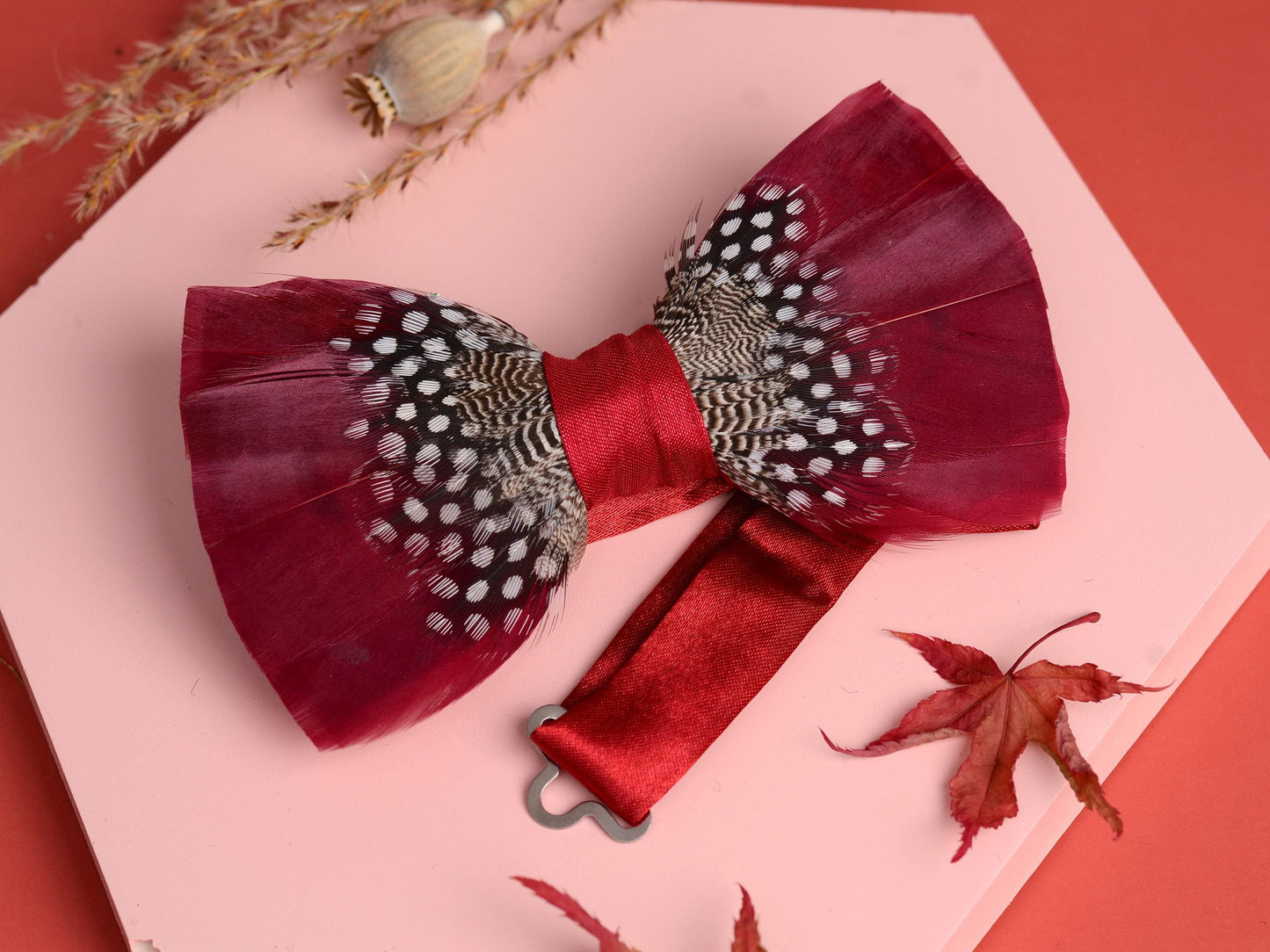 Feather Bow Tie in Light Burgundy and Polka Dot | Grooms Outfit | Feather Neck Tie | Mens Gift | Black Tie | Wedding