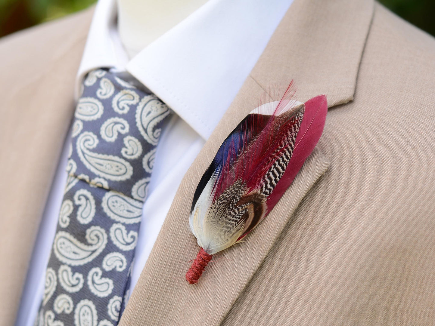 Burgundy and Navy Blue Duck Feather Lapel Pin | Duck Feather Boutonniere | Pheasant Feather Brooch | Feather Hat Pin