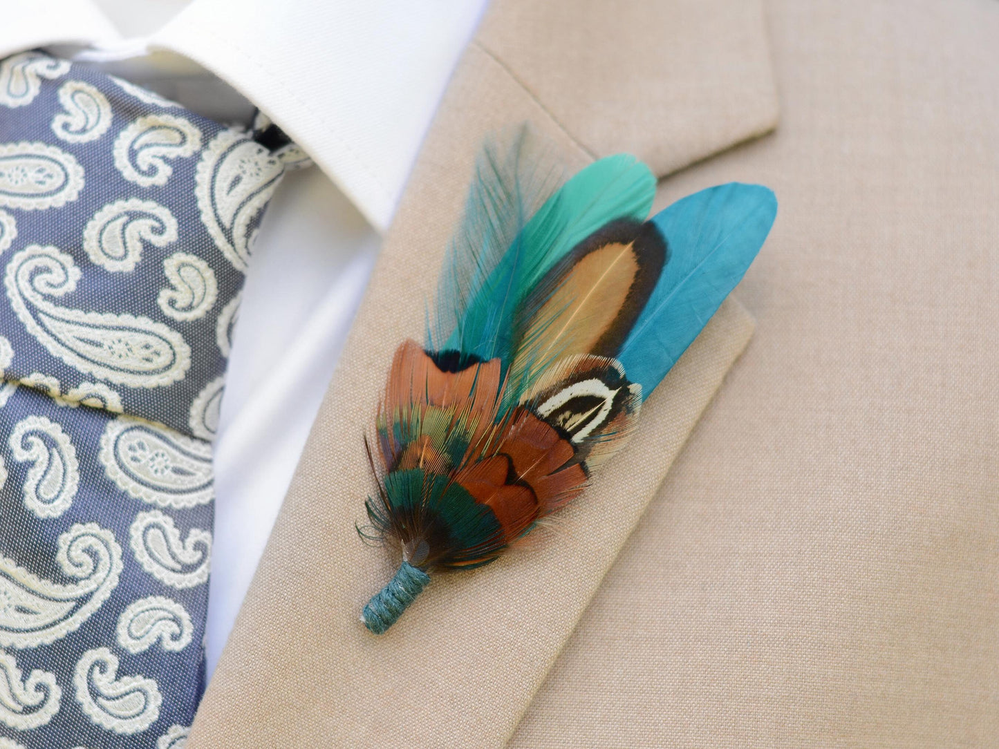 Teal and Copper Pheasant Feather Lapel Pin | Pheasant Feather Boutonniere | Pheasant Feather Brooch