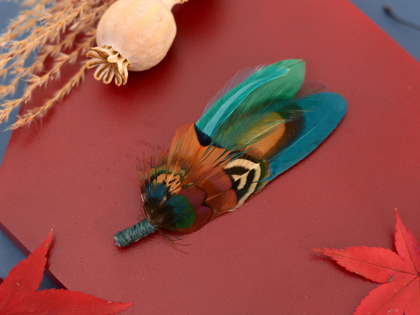 Teal and Copper Pheasant Feather Lapel Pin | Pheasant Feather Boutonniere | Pheasant Feather Brooch