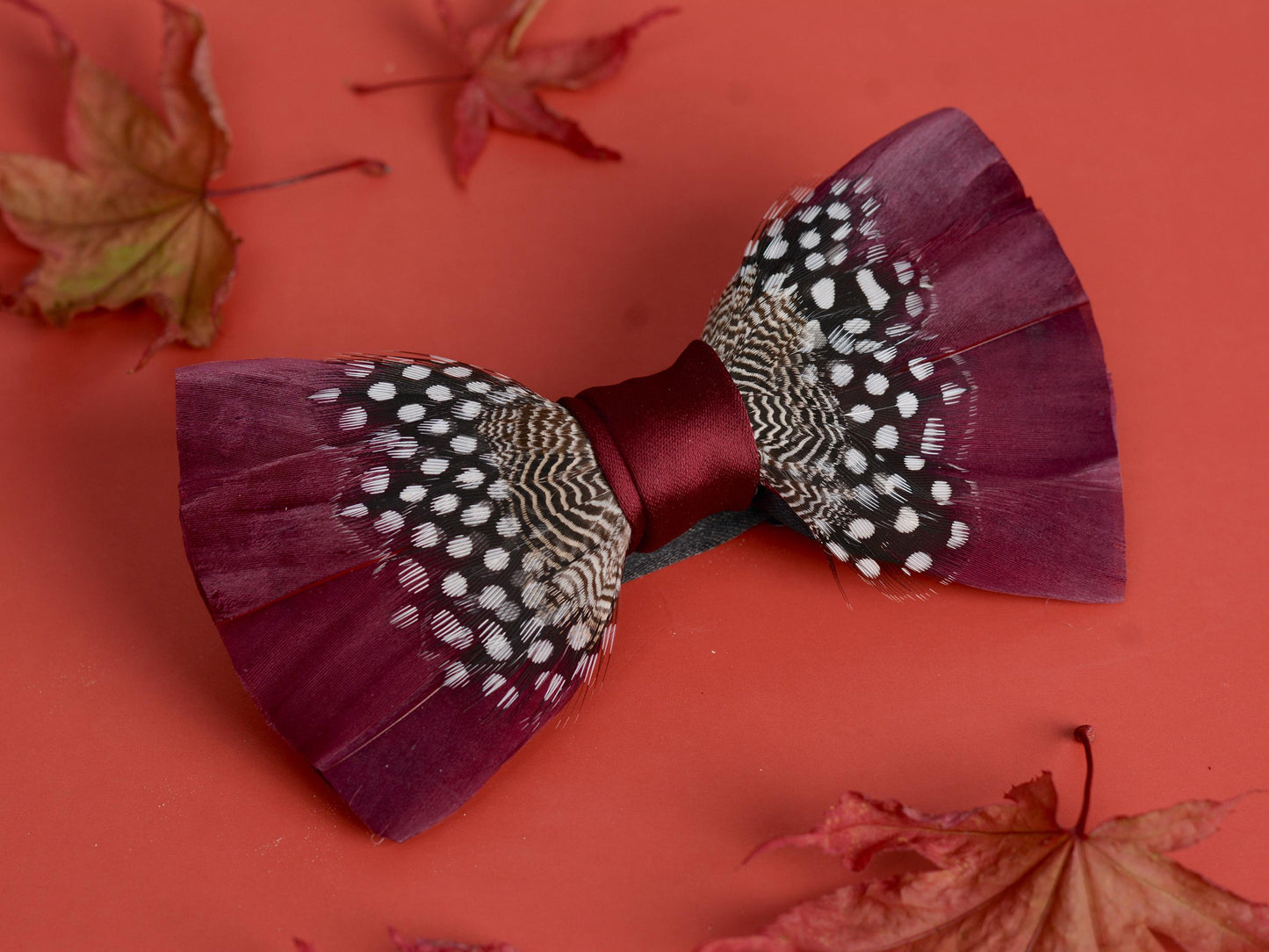 Feather Bow Tie in Burgundy and Polka Dot | Grooms Outfit | Feather Neck Tie | Mens Gift | Black Tie | Wedding | Pheasant Feather Bow Tie