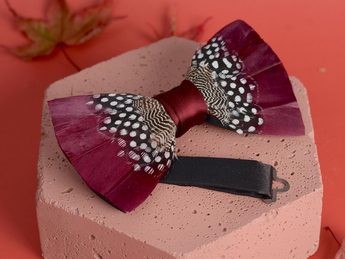 Feather Bow Tie in Burgundy and Polka Dot | Grooms Outfit | Feather Neck Tie | Mens Gift | Black Tie | Wedding | Pheasant Feather Bow Tie