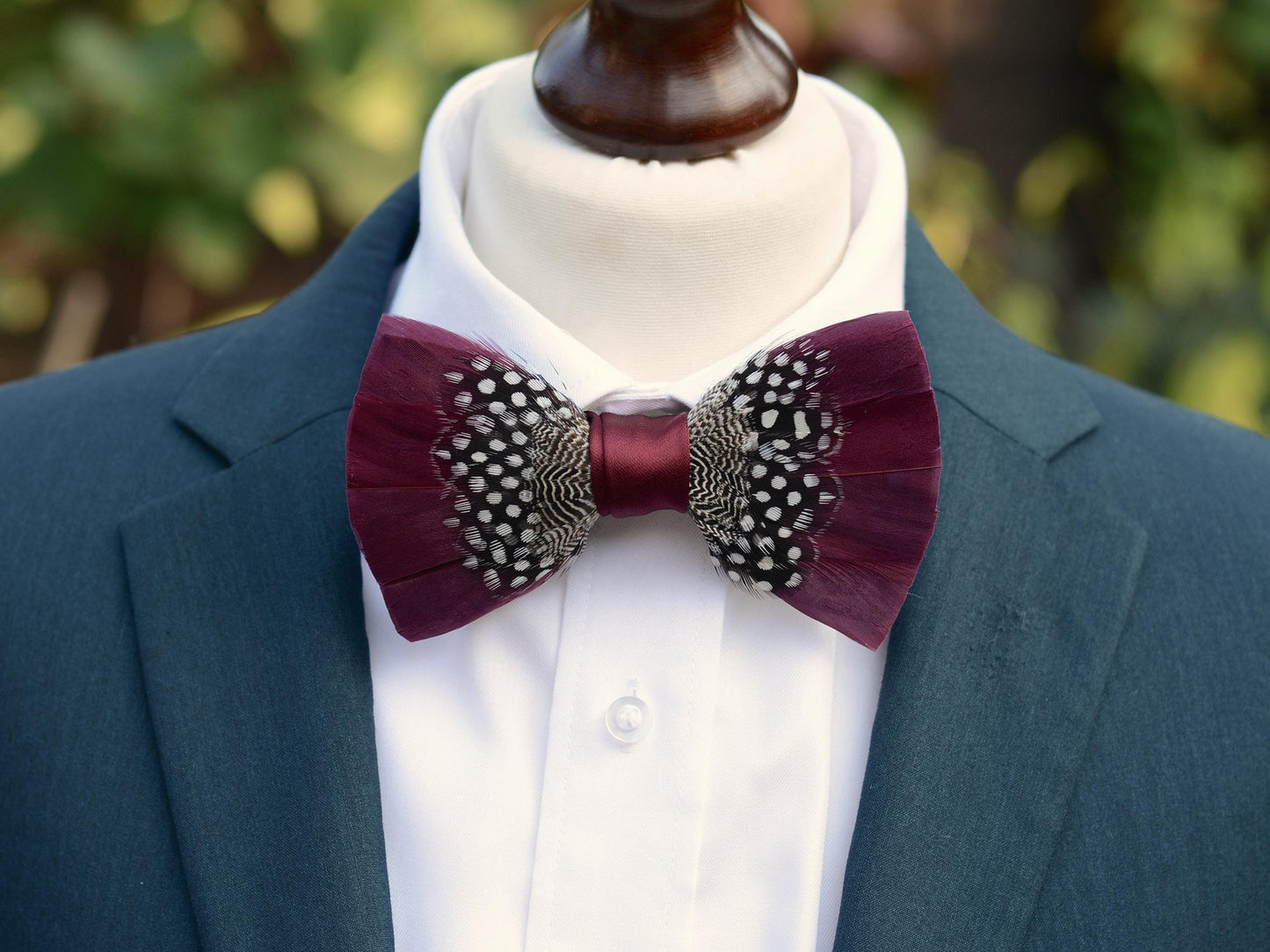 Feather Bow Tie in Burgundy and Polka Dot | Grooms Outfit | Feather Neck Tie | Mens Gift | Black Tie | Wedding | Pheasant Feather Bow Tie