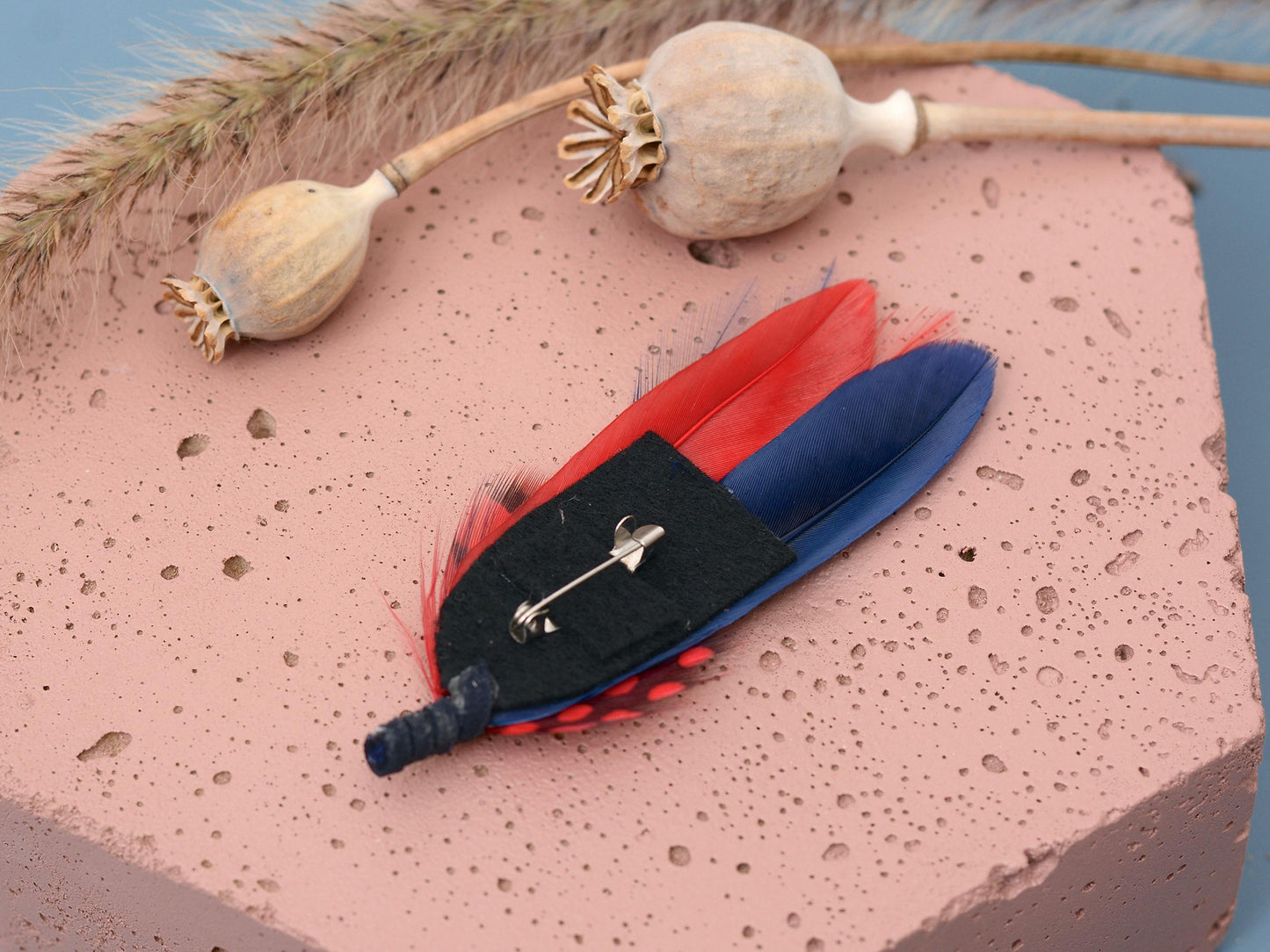 Navy Blue and Red Feather Boutonniere | Duck Feather Pin | Feather Hat Pin