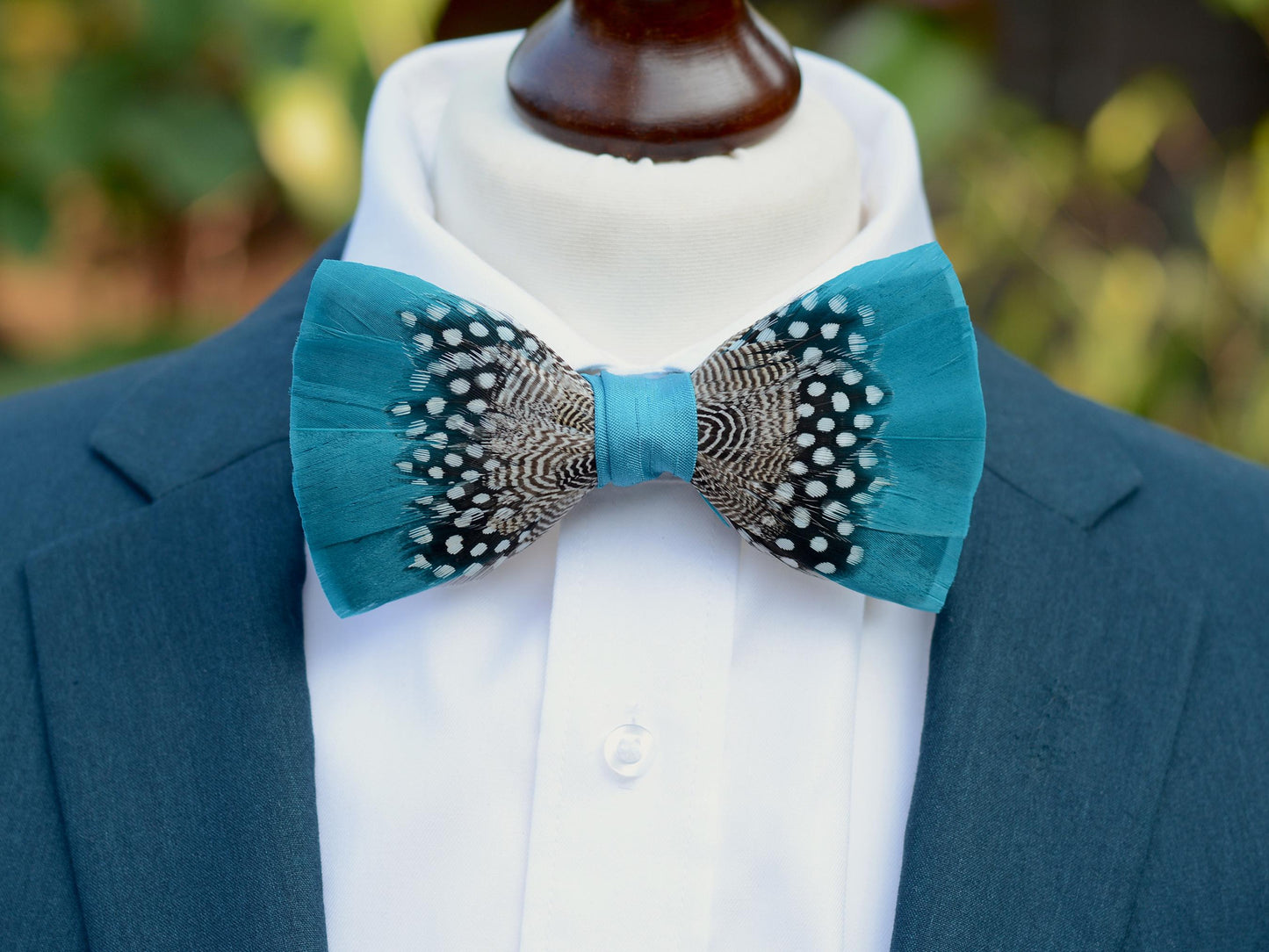 Feather Bow Tie in Teal Blue and Polka Dot | Grooms Outfit | Feather Neck Tie | Mens Gift | Black Tie | Wedding | Pheasant Feather Bow Tie