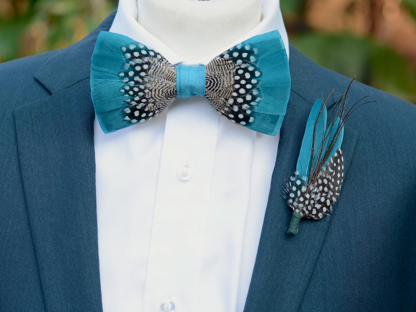 Feather Bow Tie in Teal Blue and Polka Dot | Grooms Outfit | Feather Neck Tie | Mens Gift | Black Tie | Wedding | Pheasant Feather Bow Tie
