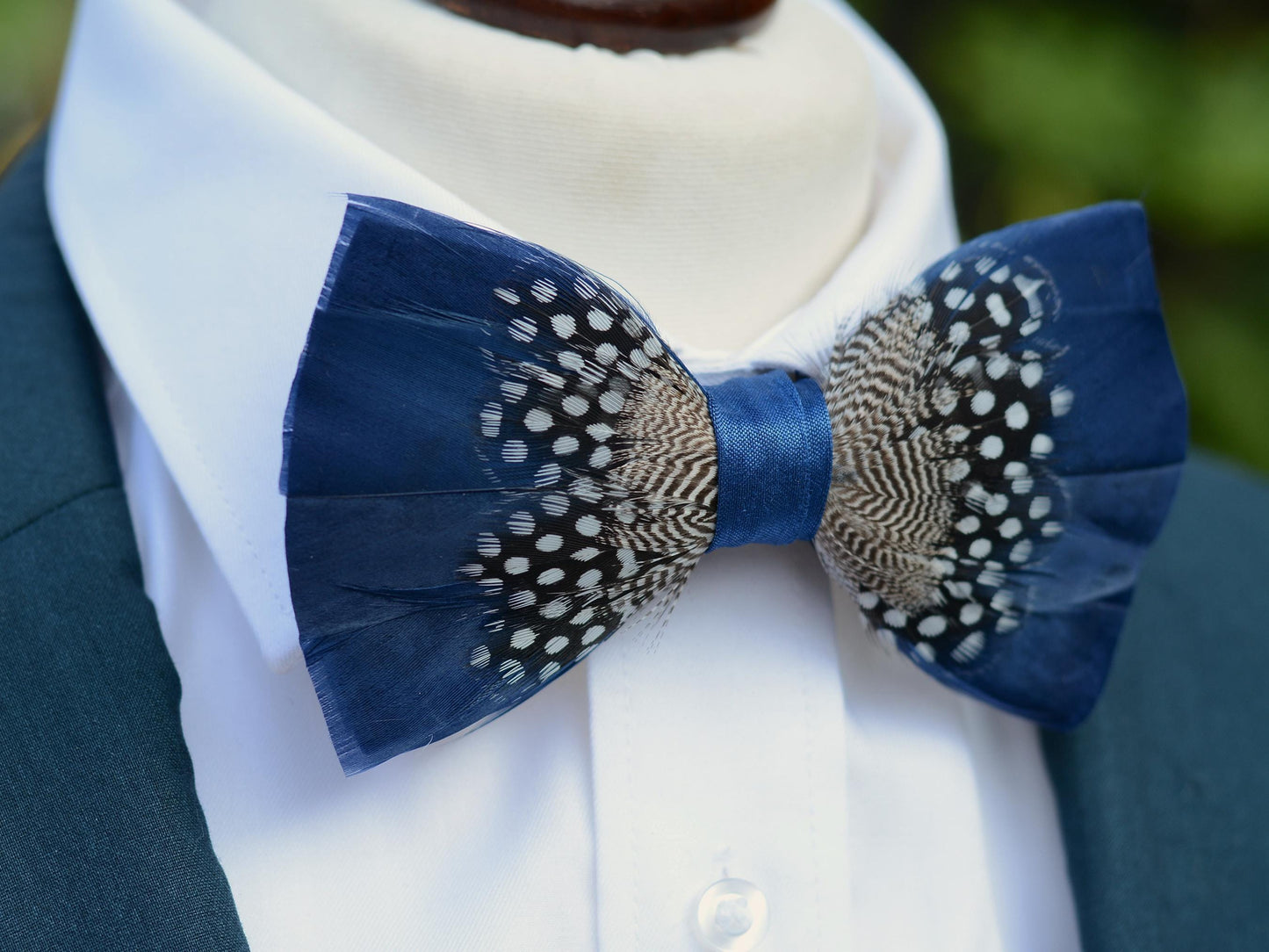 Feather Bow Tie in Navy Blue and Polka Dot | Grooms Outfit | Feather Neck Tie | Mens Gift | Black Tie | Wedding | Pheasant Feather Bow Tie