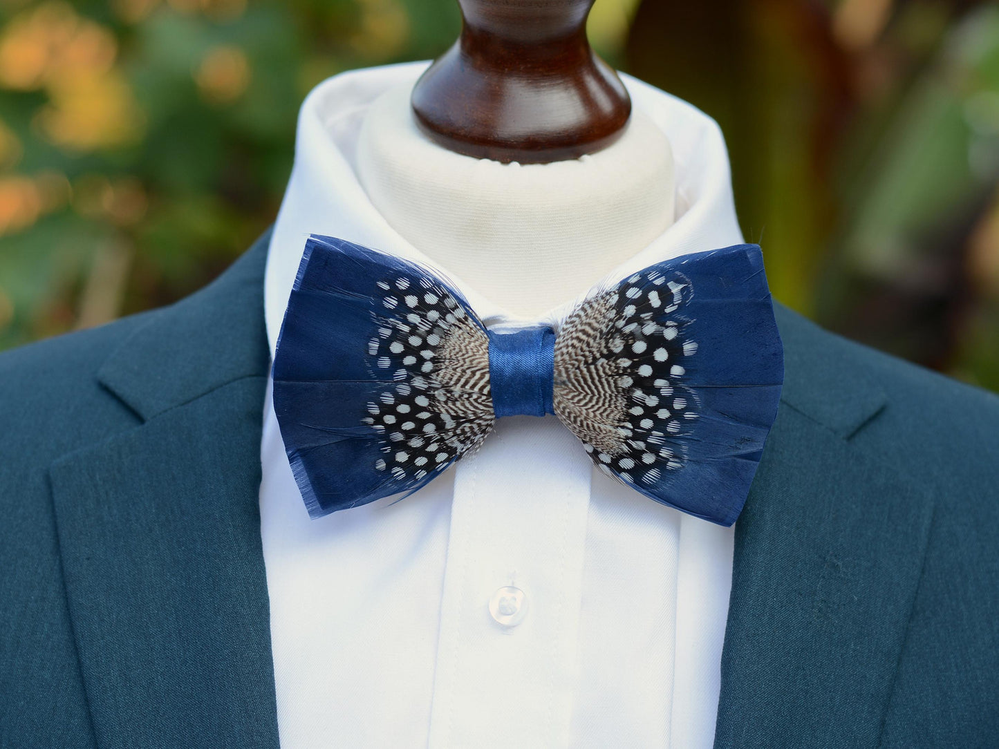 Feather Bow Tie in Navy Blue and Polka Dot | Grooms Outfit | Feather Neck Tie | Mens Gift | Black Tie | Wedding | Pheasant Feather Bow Tie