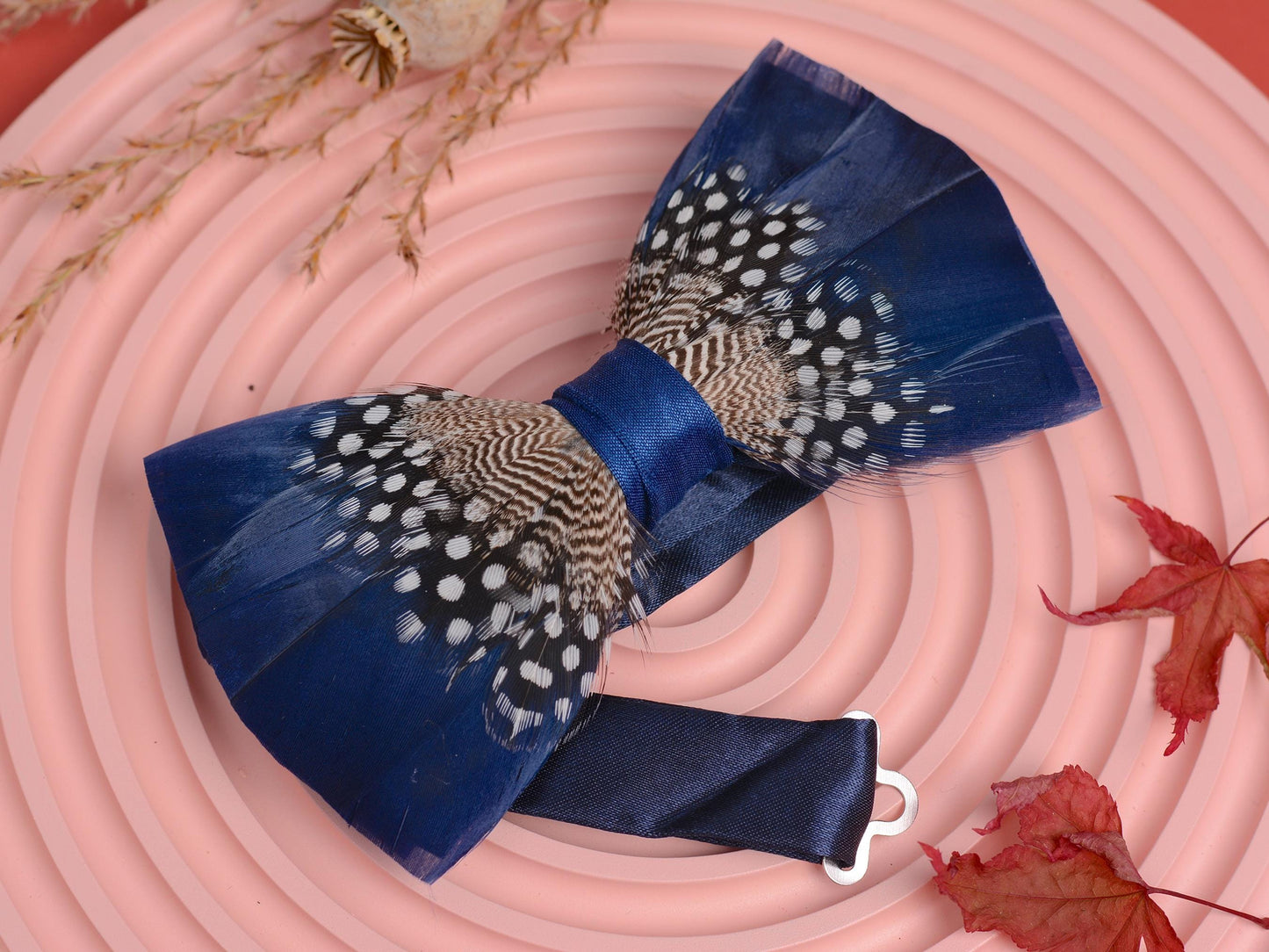Feather Bow Tie in Navy Blue and Polka Dot | Grooms Outfit | Feather Neck Tie | Mens Gift | Black Tie | Wedding | Pheasant Feather Bow Tie