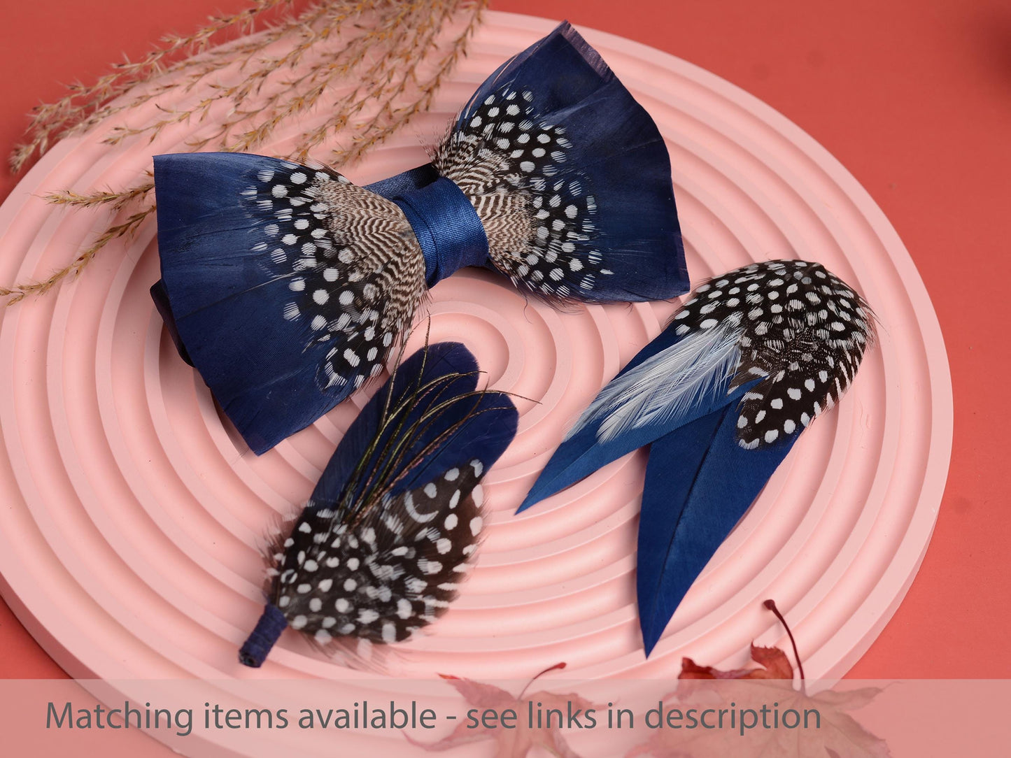 Feather Bow Tie in Navy Blue and Polka Dot | Grooms Outfit | Feather Neck Tie | Mens Gift | Black Tie | Wedding | Pheasant Feather Bow Tie