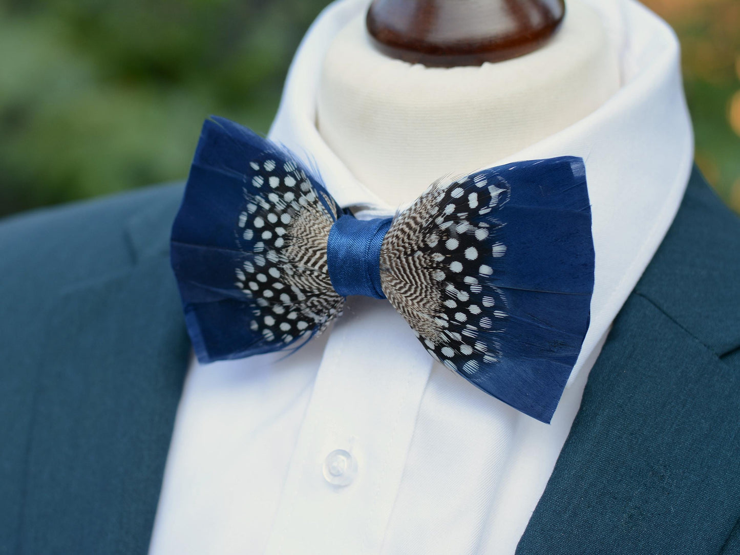 Feather Bow Tie in Navy Blue and Polka Dot | Grooms Outfit | Feather Neck Tie | Mens Gift | Black Tie | Wedding | Pheasant Feather Bow Tie