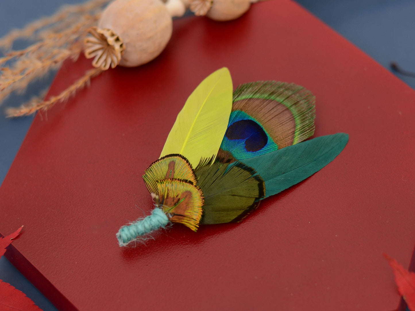 Teal and Peacock and Pheasant Feather Boutonniere Pin | Peacock Feather Brooch