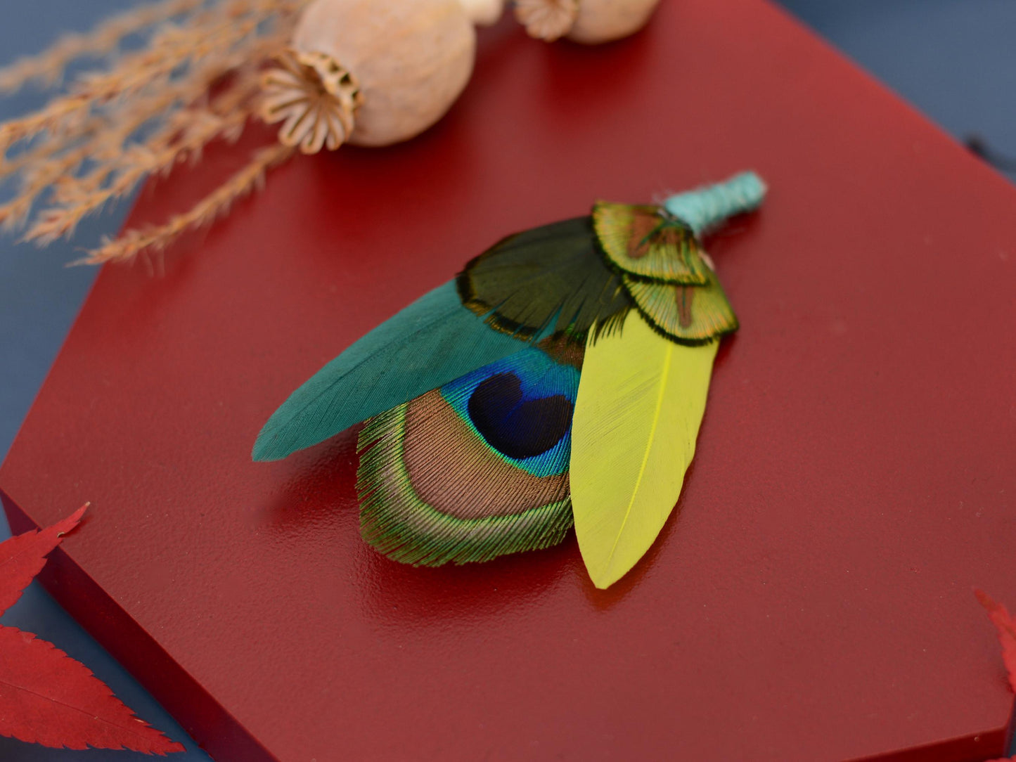 Teal and Peacock and Pheasant Feather Boutonniere Pin | Peacock Feather Brooch
