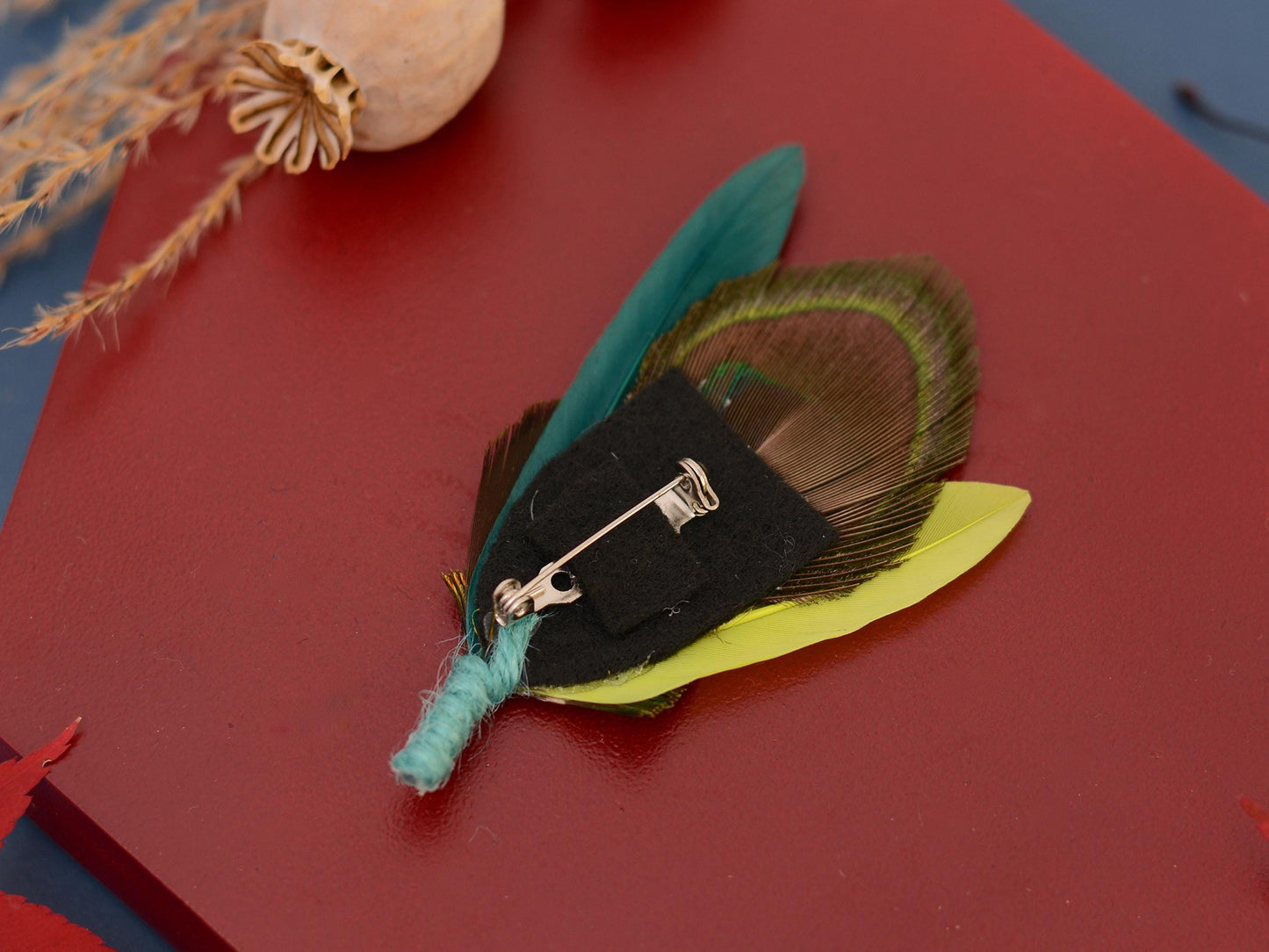 Teal and Peacock and Pheasant Feather Boutonniere Pin | Peacock Feather Brooch