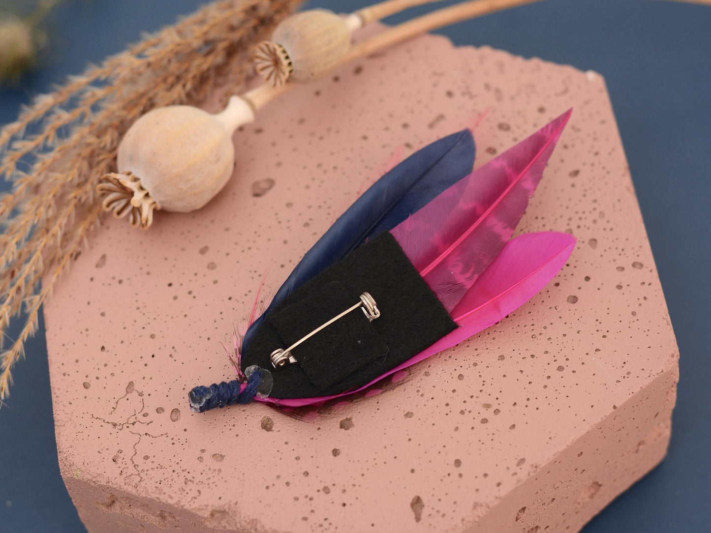 Hot Pink and Navy Blue Feather Lapel Pin | Pheasant Feather Boutonniere | Feather Brooch | Feather Hat Pin