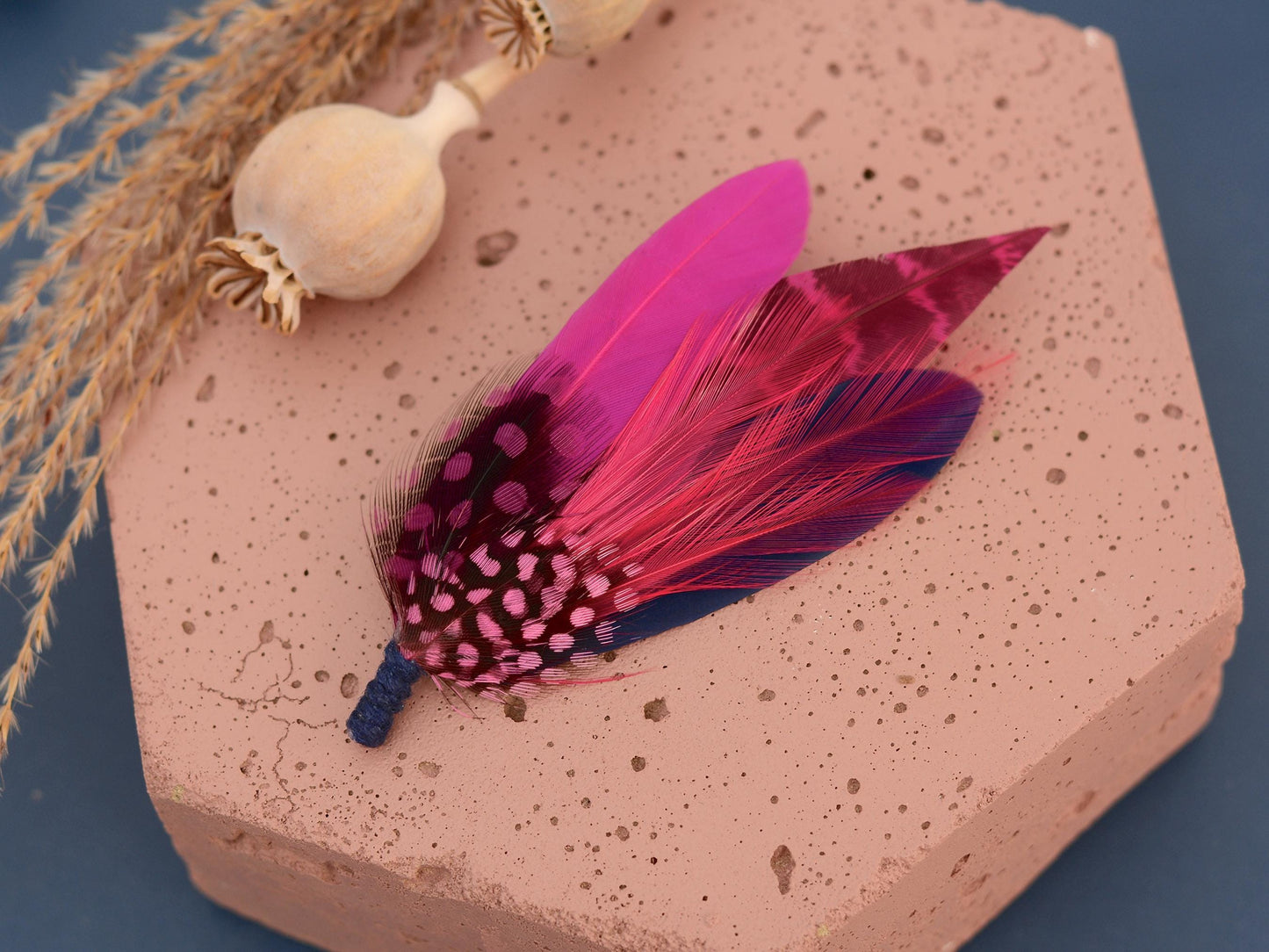 Hot Pink and Navy Blue Feather Lapel Pin | Pheasant Feather Boutonniere | Feather Brooch | Feather Hat Pin