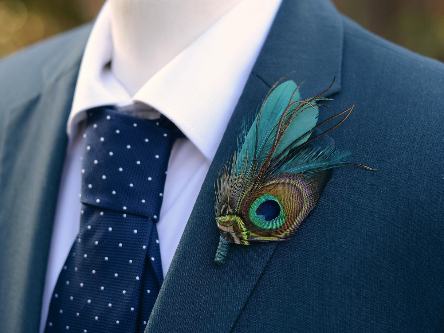 Teal and Green Peacock and Pheasant Feather Lapel Pin | Peacock Feather Boutonniere | Peacock Feather Brooch