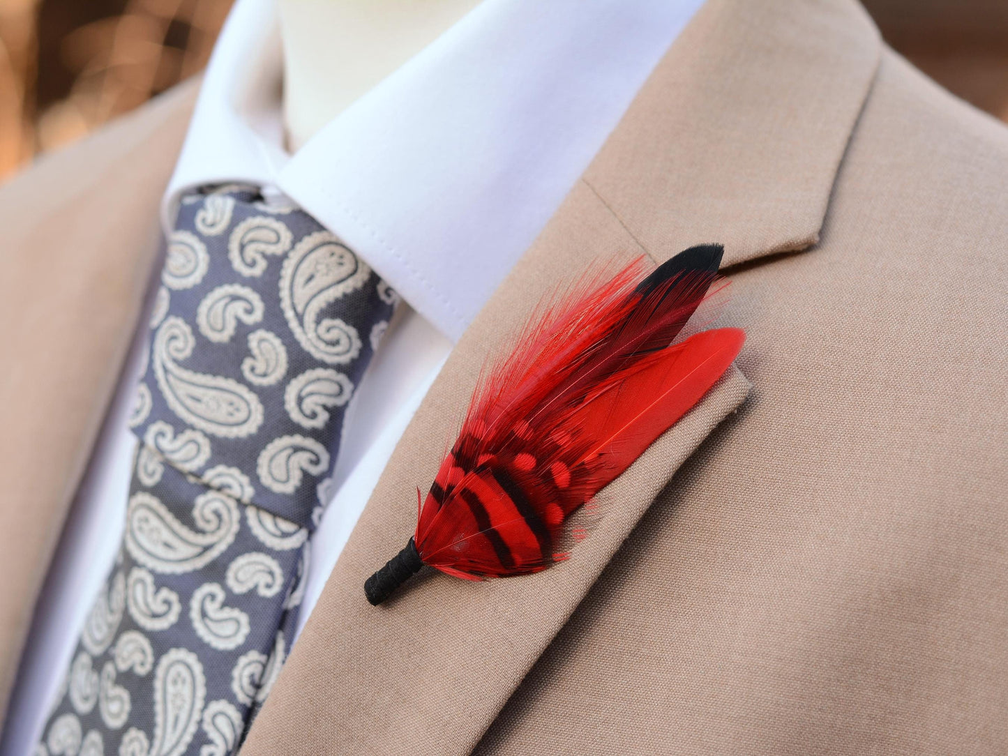 Black and Red Feather Lapel Pin | Duck Feather Boutonniere | Pheasant Feather Brooch | Feather Hat Pin