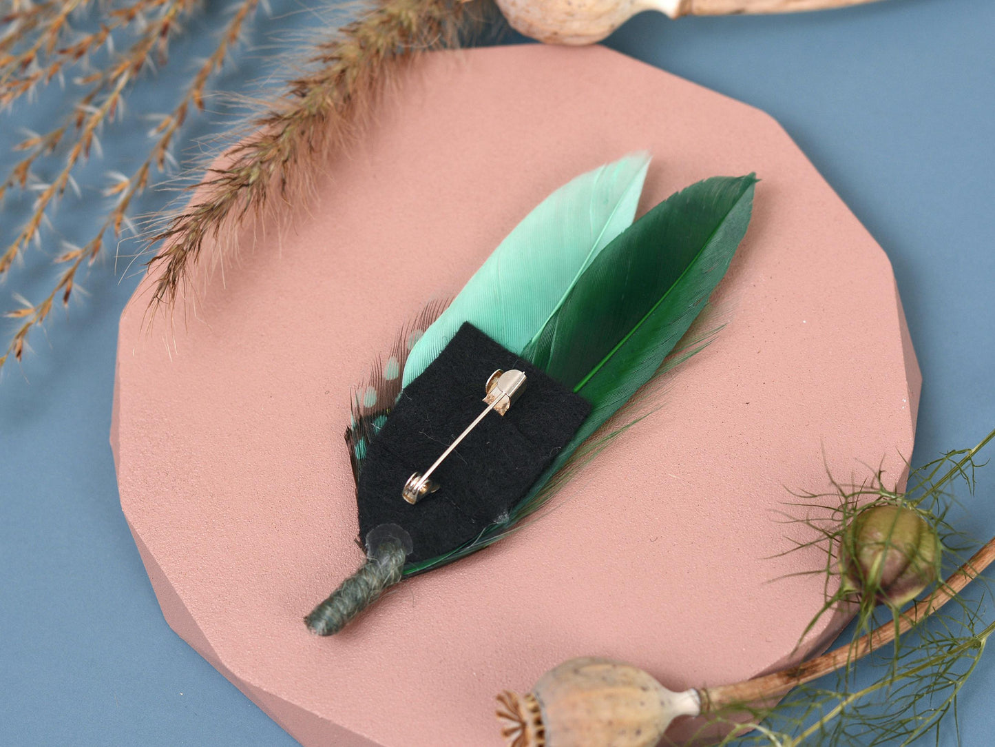 Shades of Green Feather Pin | Duck Feather Boutonniere | Pheasant Feather Brooch | Feather Hat Pin