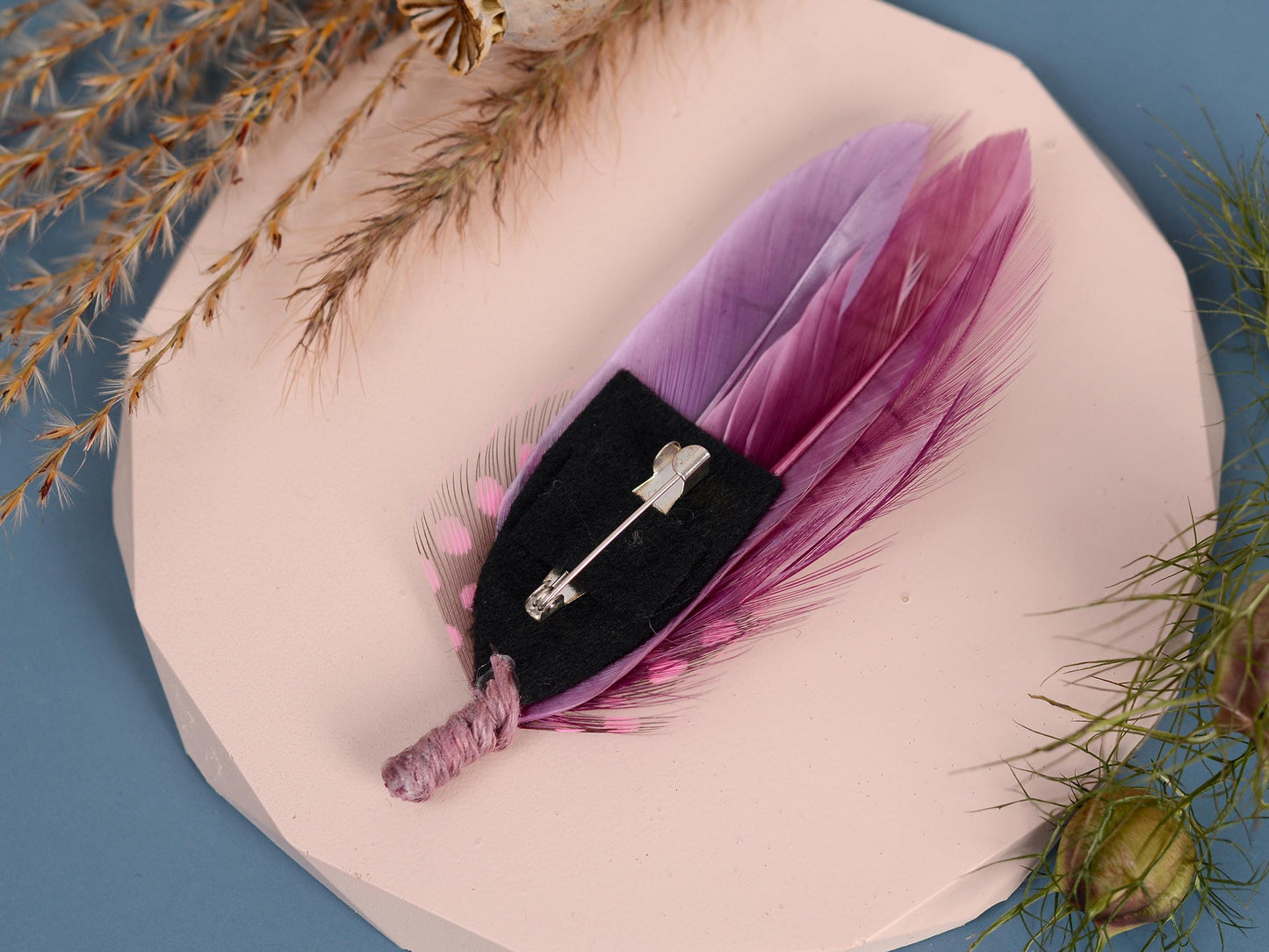 Feather Brooch Pin in Ombre Pink and Lavender Purple | Pheasant Feather Boutonniere | Feather Hat Pin