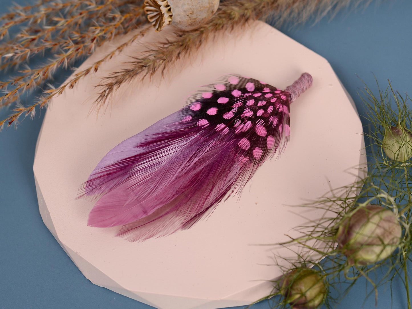 Feather Brooch Pin in Ombre Pink and Lavender Purple | Pheasant Feather Boutonniere | Feather Hat Pin
