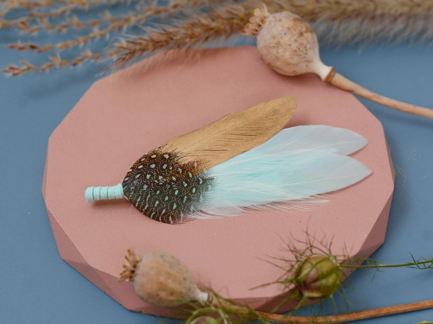 Feather Brooch Pin in Gold and Mint Green | Duck Feather Boutonniere | Feather Hat Pin