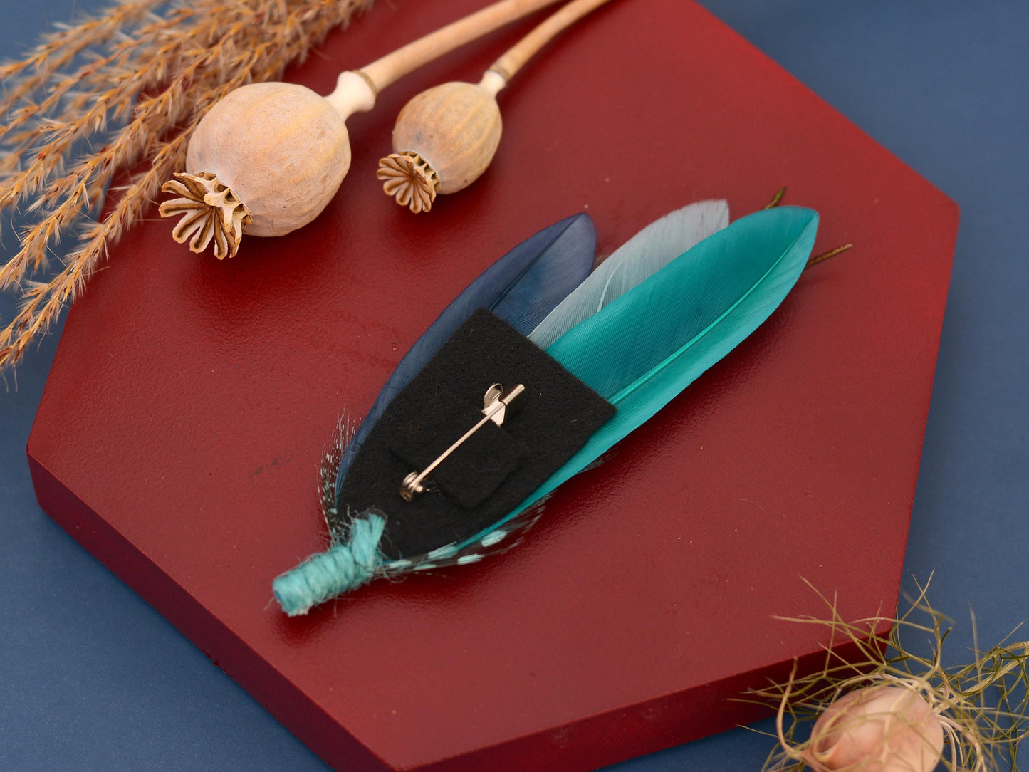 Ombre Teal, Turquoise and Navy Duck Feather Lapel Pin | Duck Feather Boutonniere | Feather Hat Pin
