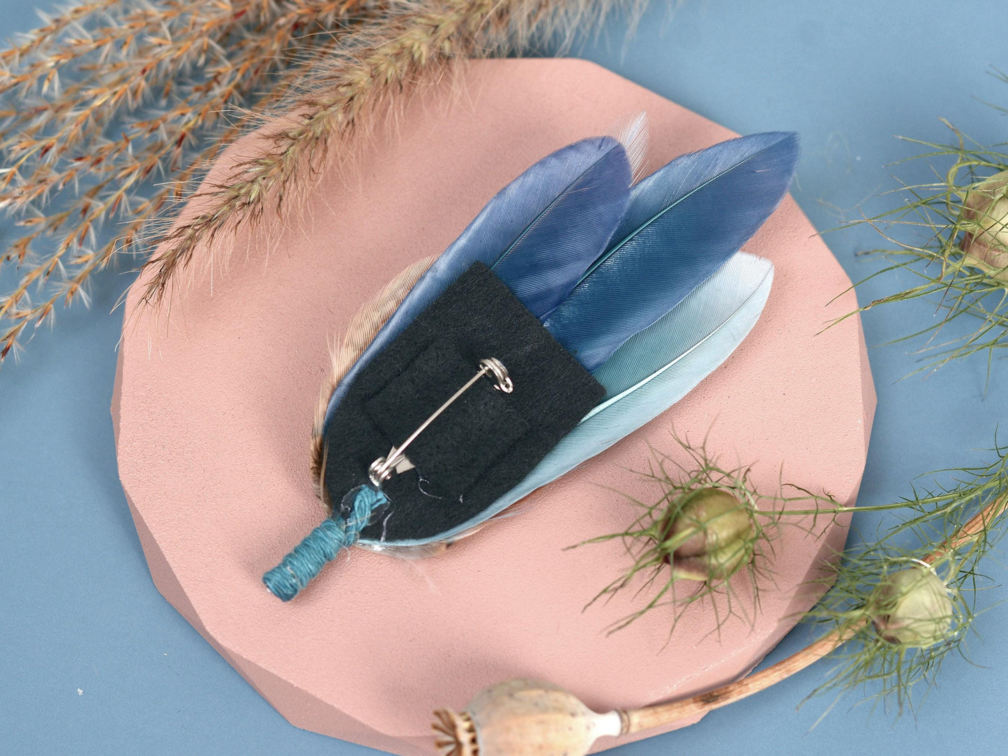 Feather Hat Pin in Ombre Blue Pheasant and Duck Feathers | Duck Feather Boutonniere |Pheasant Feather Brooch