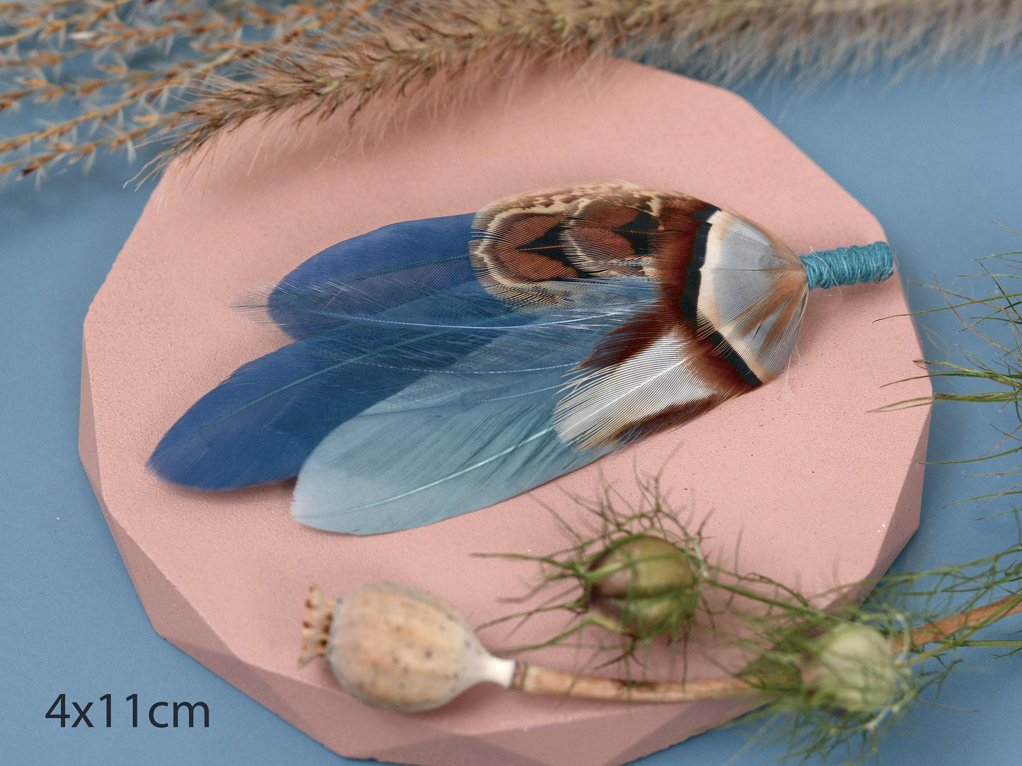 Feather Hat Pin in Ombre Blue Pheasant and Duck Feathers | Duck Feather Boutonniere |Pheasant Feather Brooch