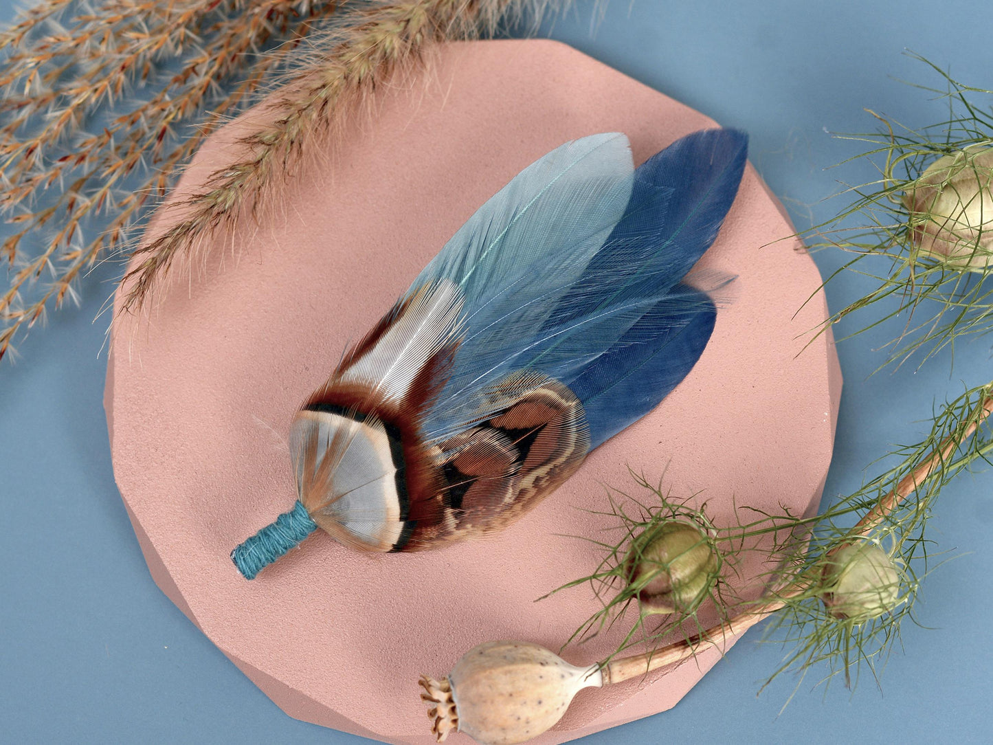 Feather Hat Pin in Ombre Blue Pheasant and Duck Feathers | Duck Feather Boutonniere |Pheasant Feather Brooch