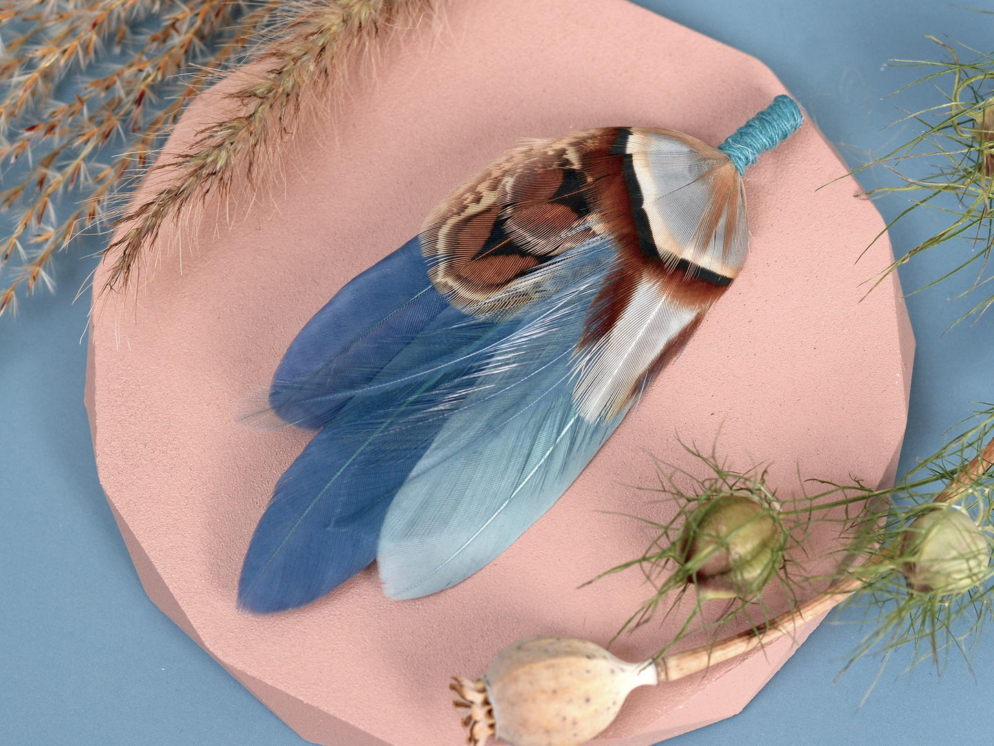 Feather Hat Pin in Ombre Blue Pheasant and Duck Feathers | Duck Feather Boutonniere |Pheasant Feather Brooch