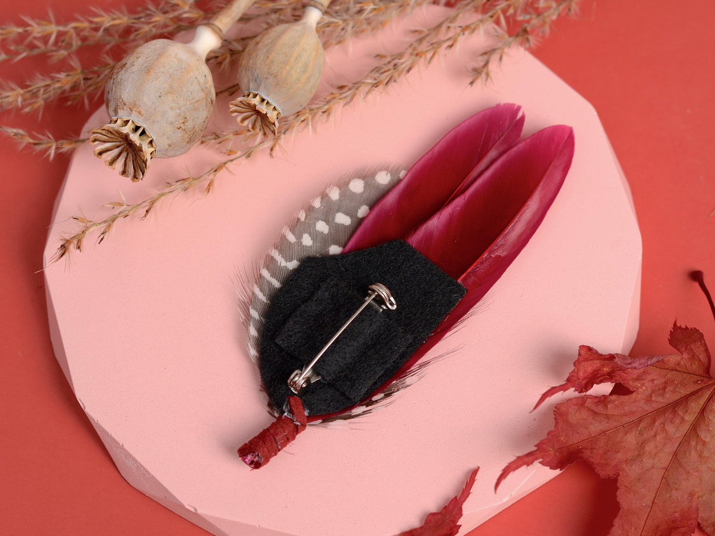 Burgundy and Polka Dot Feather Boutonniere | Feather Brooch | Feather Hat Pin | Feather Corsage