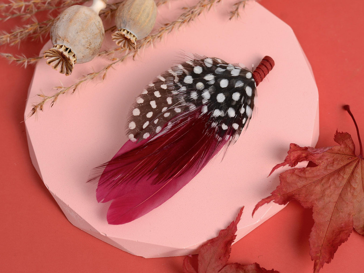 Burgundy and Polka Dot Feather Boutonniere | Feather Brooch | Feather Hat Pin | Feather Corsage