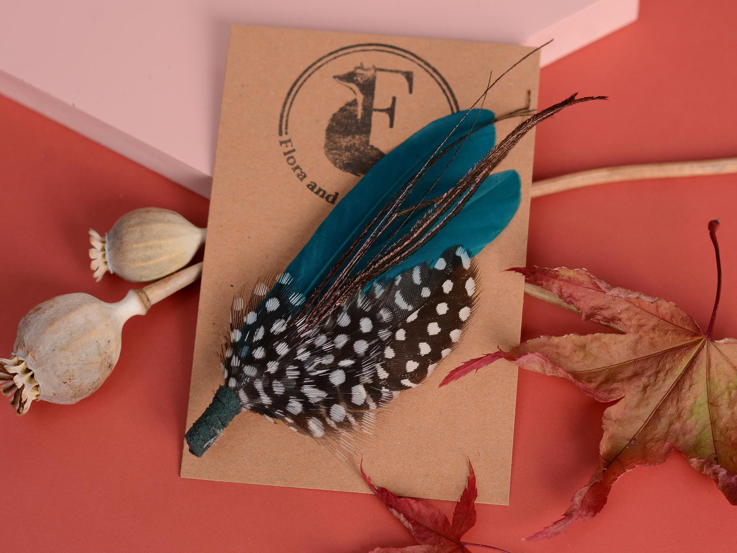 Teal and Polka dot Feather Boutonniere Pin | Feather Brooch | Feather Hat Pin | Feather Corsage