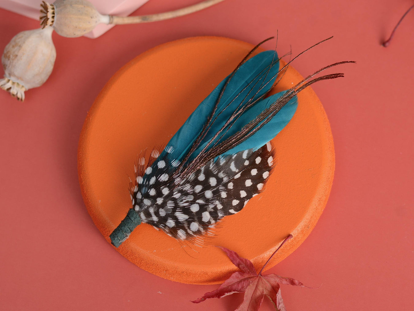 Teal and Polka dot Feather Boutonniere Pin | Feather Brooch | Feather Hat Pin | Feather Corsage