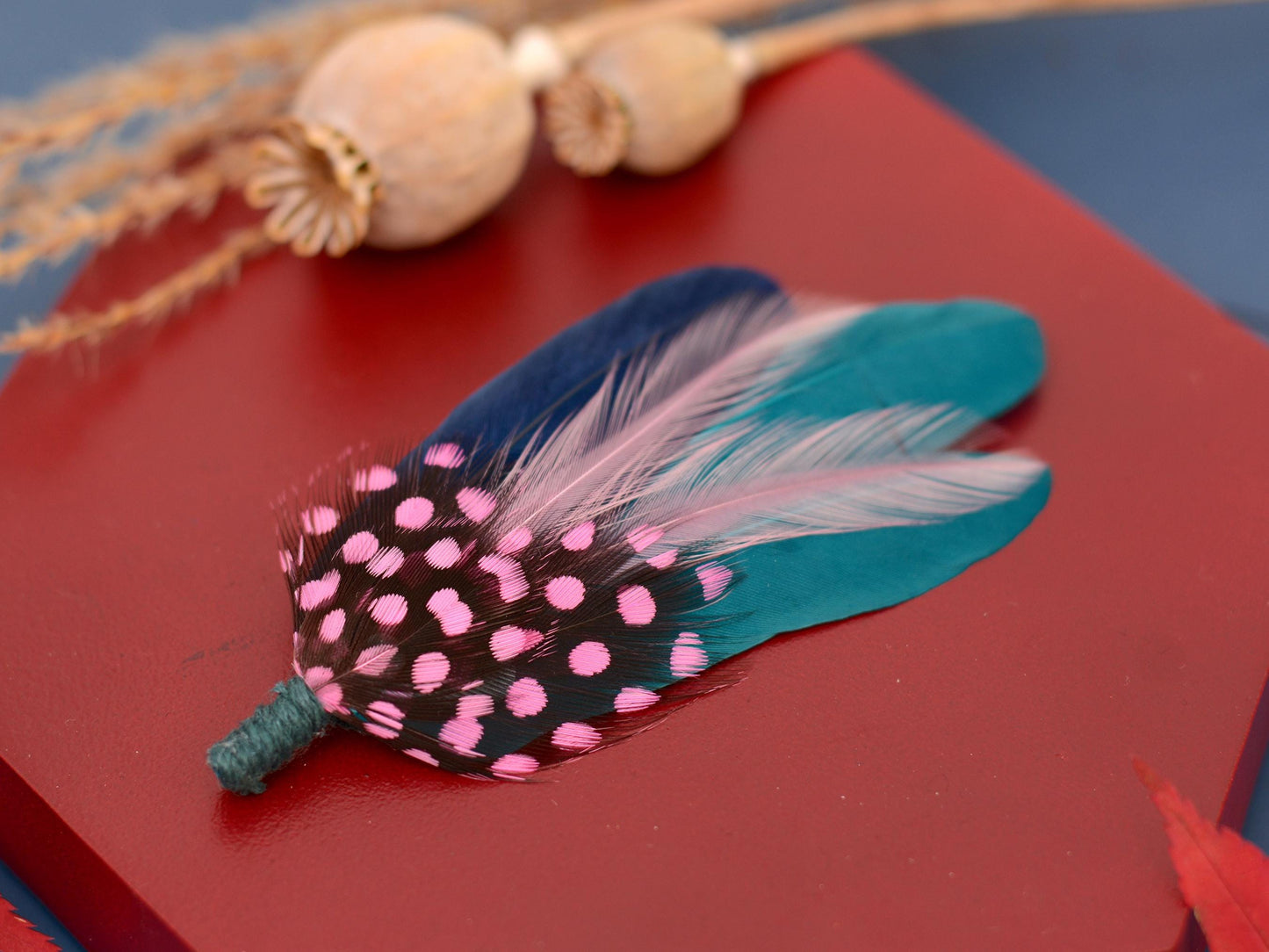 Teal, Pink and Navy Feather Lapel Pin | Pheasant Feather Boutonniere | Feather Brooch | Feather Hat Pin