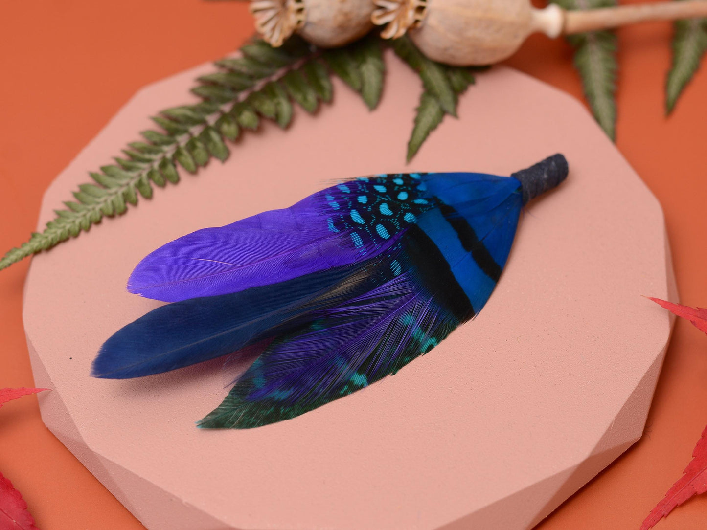 Shades of Blue and Purple Feather Pin | Pheasant Feather Boutonniere | Feather Brooch | Feather Hat Pin