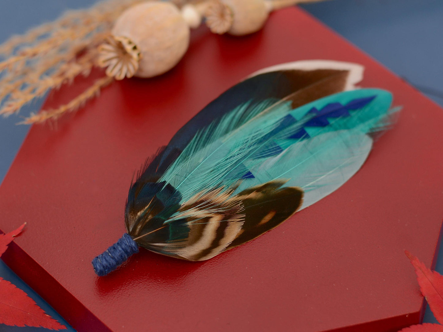 Duck Feather Brooch in Navy and Teal | Duck Feather Hat Pin | Duck Feather Boutonniere
