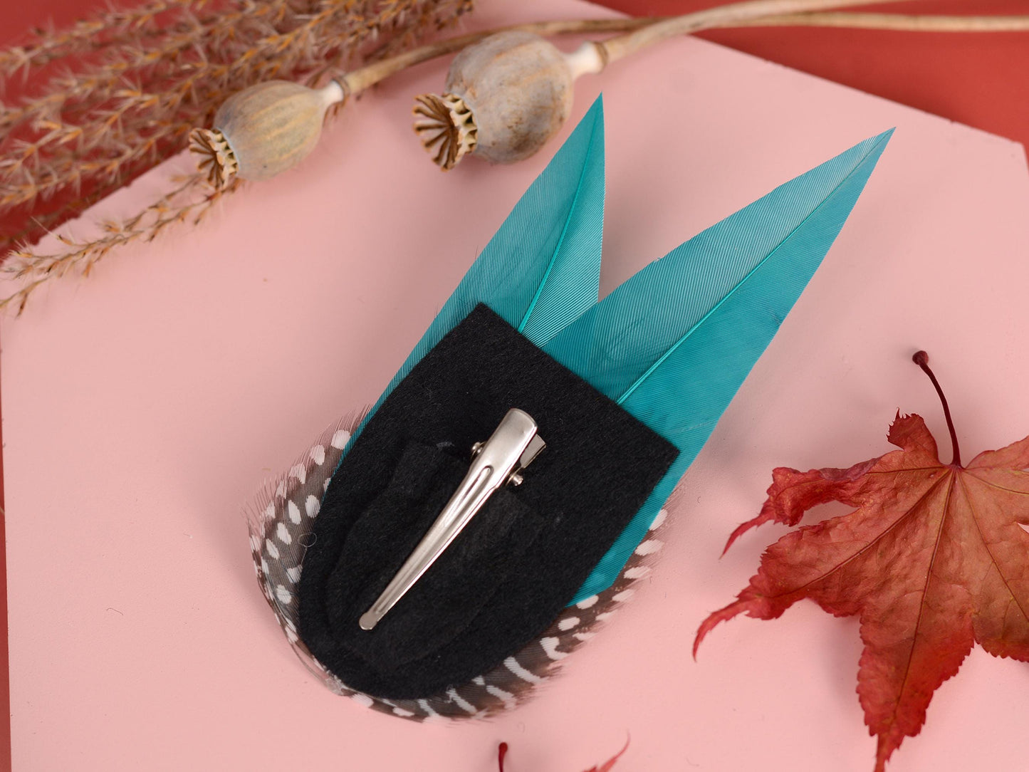 Teal Turquoise Feather Hair Clip with Spotted Feathers, Teal Feather Fascinator
