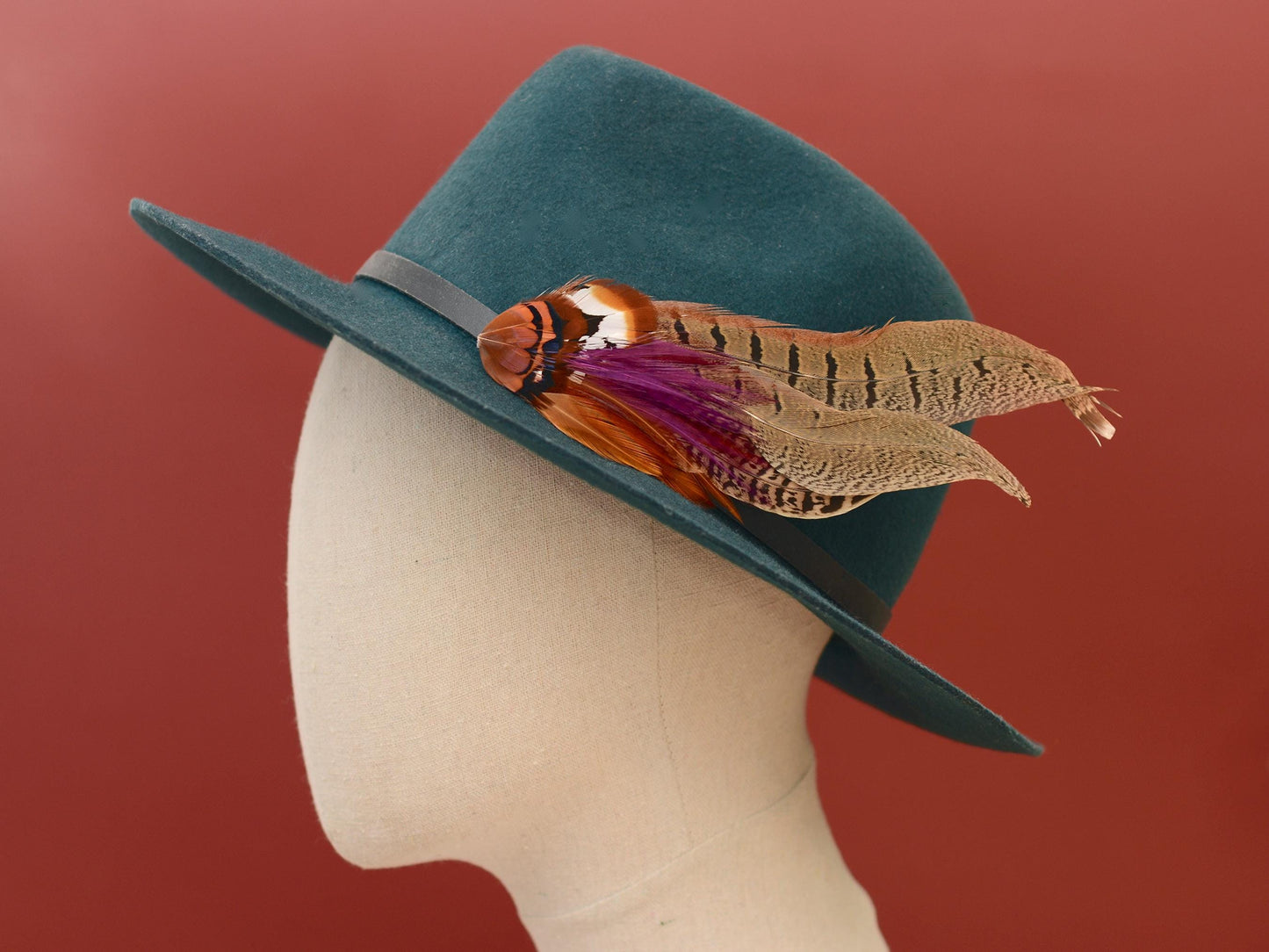 Plum and Copper Pheasant Feather Hat Pin / Lapel Pin No.119 | Unique Feather Boutonniere | Pheasant Feather Brooch