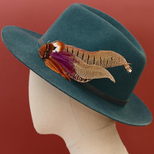 Plum and Copper Pheasant Feather Hat Pin / Lapel Pin No.119 | Unique Feather Boutonniere | Pheasant Feather Brooch