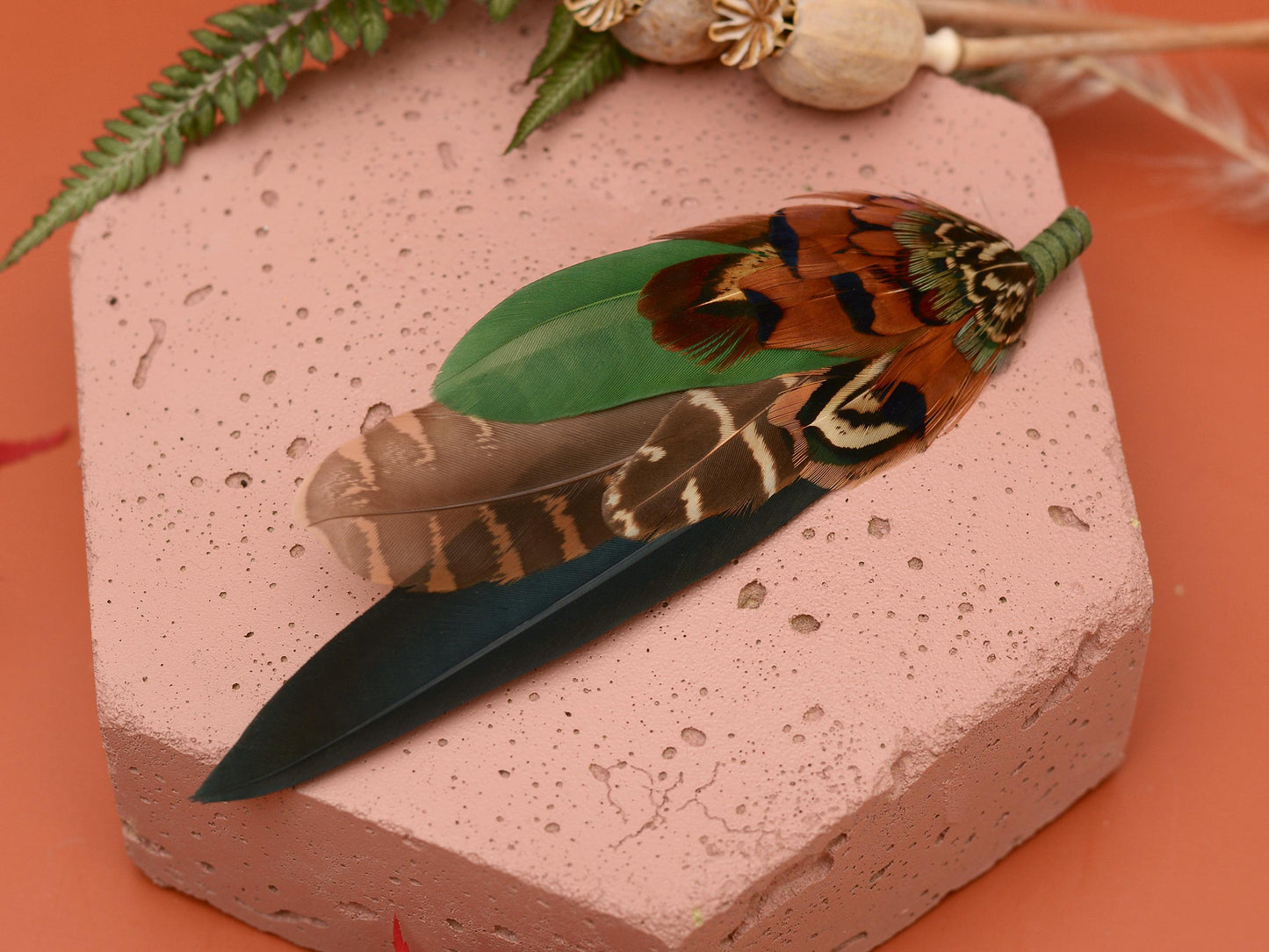 Pheasant and Duck Feather Hat Pin / Brooch in bottle Green and Copper No.272 | Unique Pheasant Feather Boutonniere | Feather Brooch