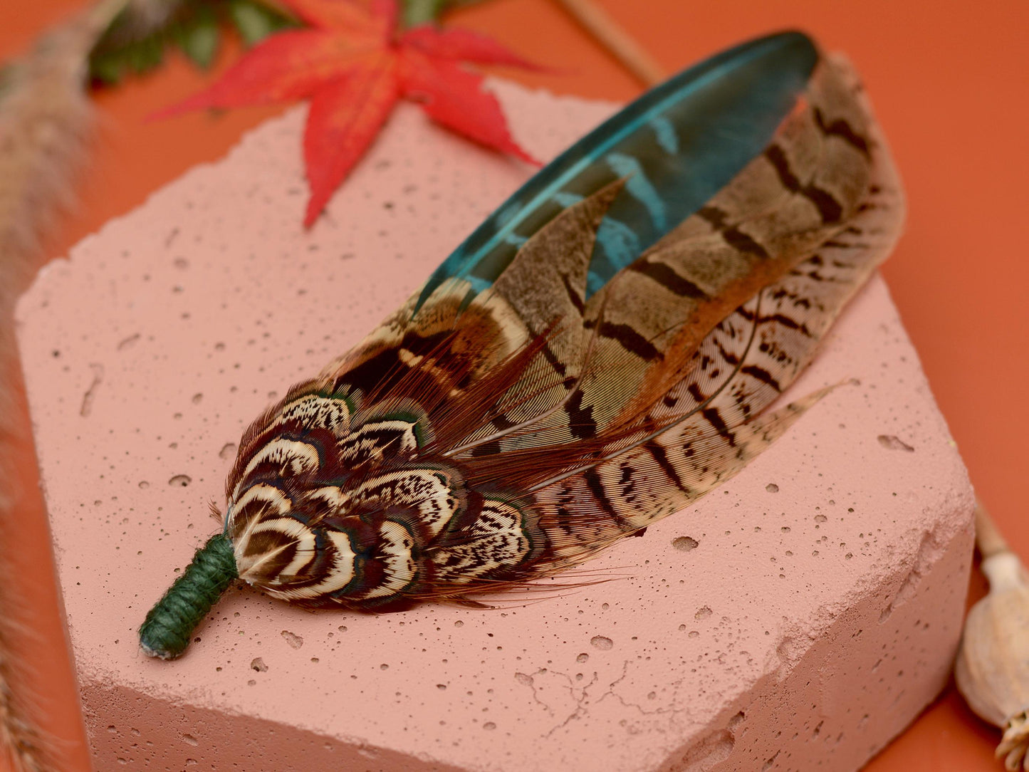 Pheasant Feather Hat Pin in Green and Browns No.300 | Unique Pheasant Feather Boutonniere | Feather Brooch
