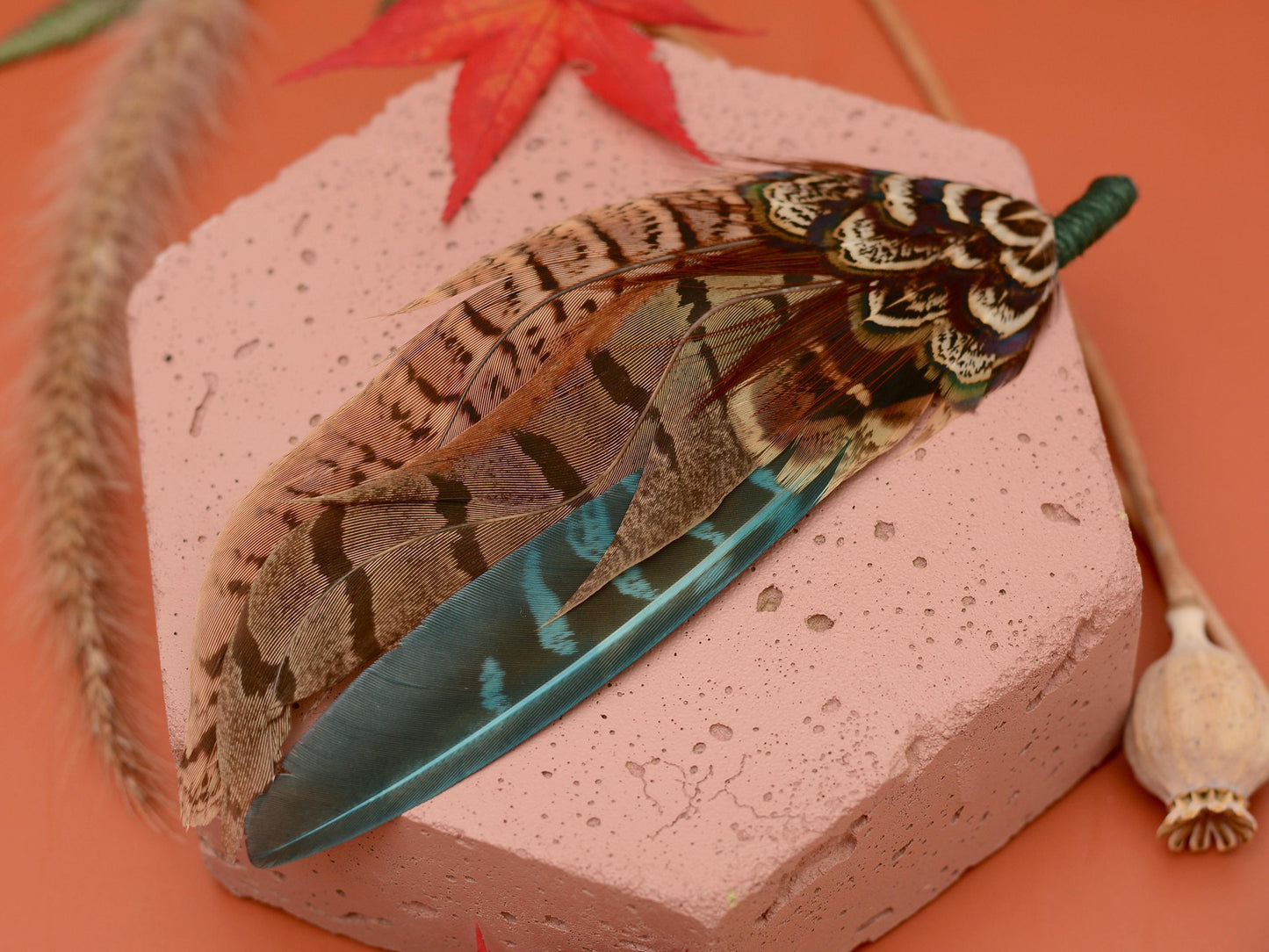 Pheasant Feather Hat Pin in Green and Browns No.300 | Unique Pheasant Feather Boutonniere | Feather Brooch