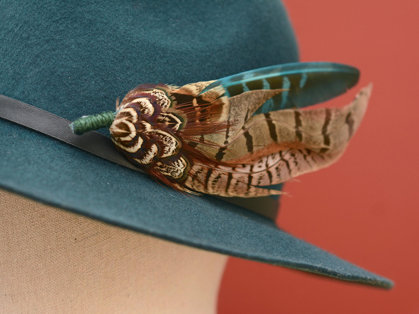 Pheasant Feather Hat Pin in Green and Browns No.300 | Unique Pheasant Feather Boutonniere | Feather Brooch