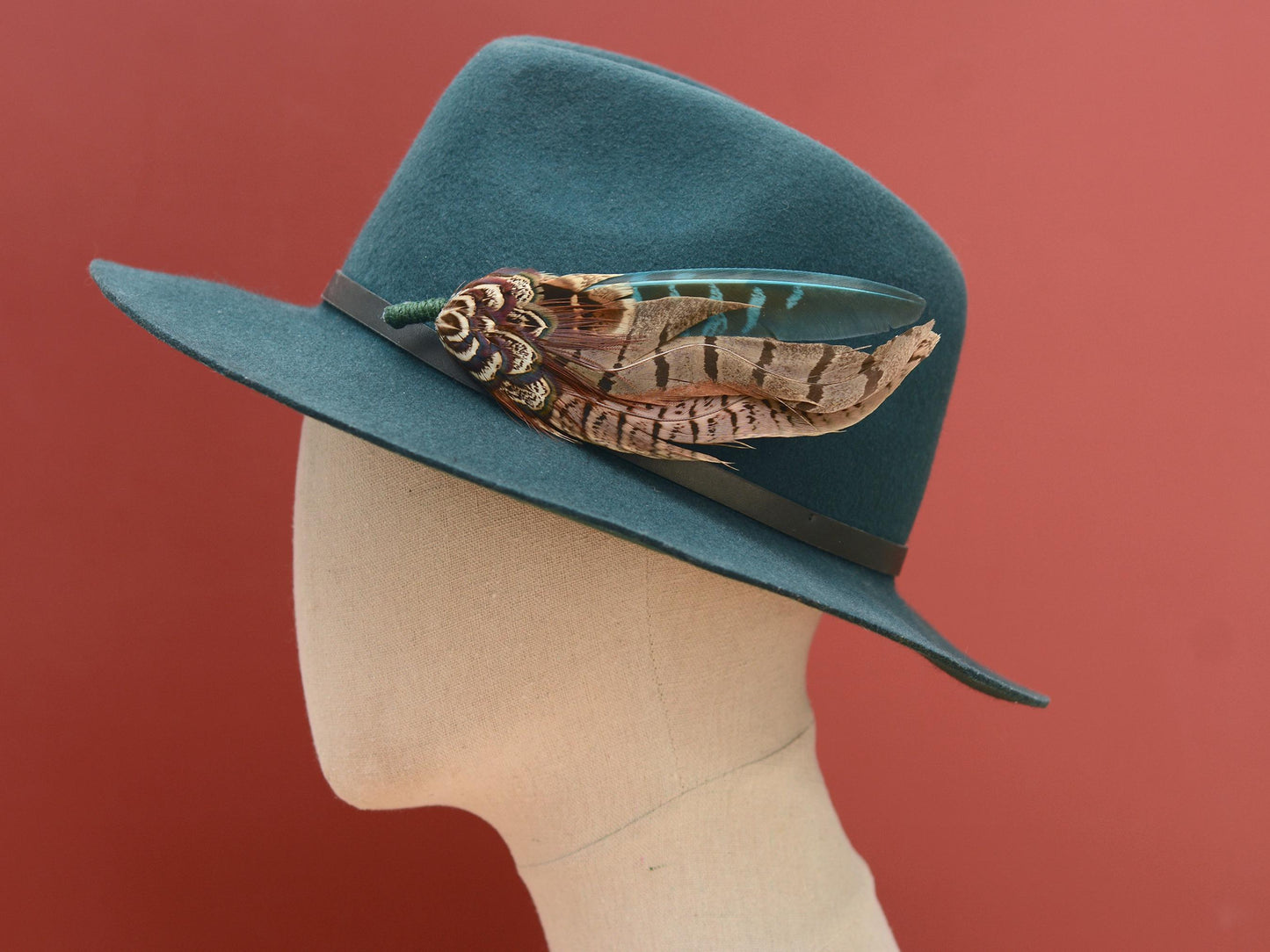 Pheasant Feather Hat Pin in Green and Browns No.300 | Unique Pheasant Feather Boutonniere | Feather Brooch