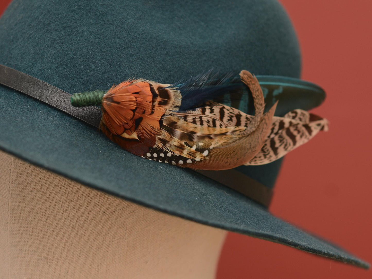 Pheasant Feather Hat Pin in Gren and Coper No.304 | Unique Pheasant Feather Boutonniere | Feather Brooch