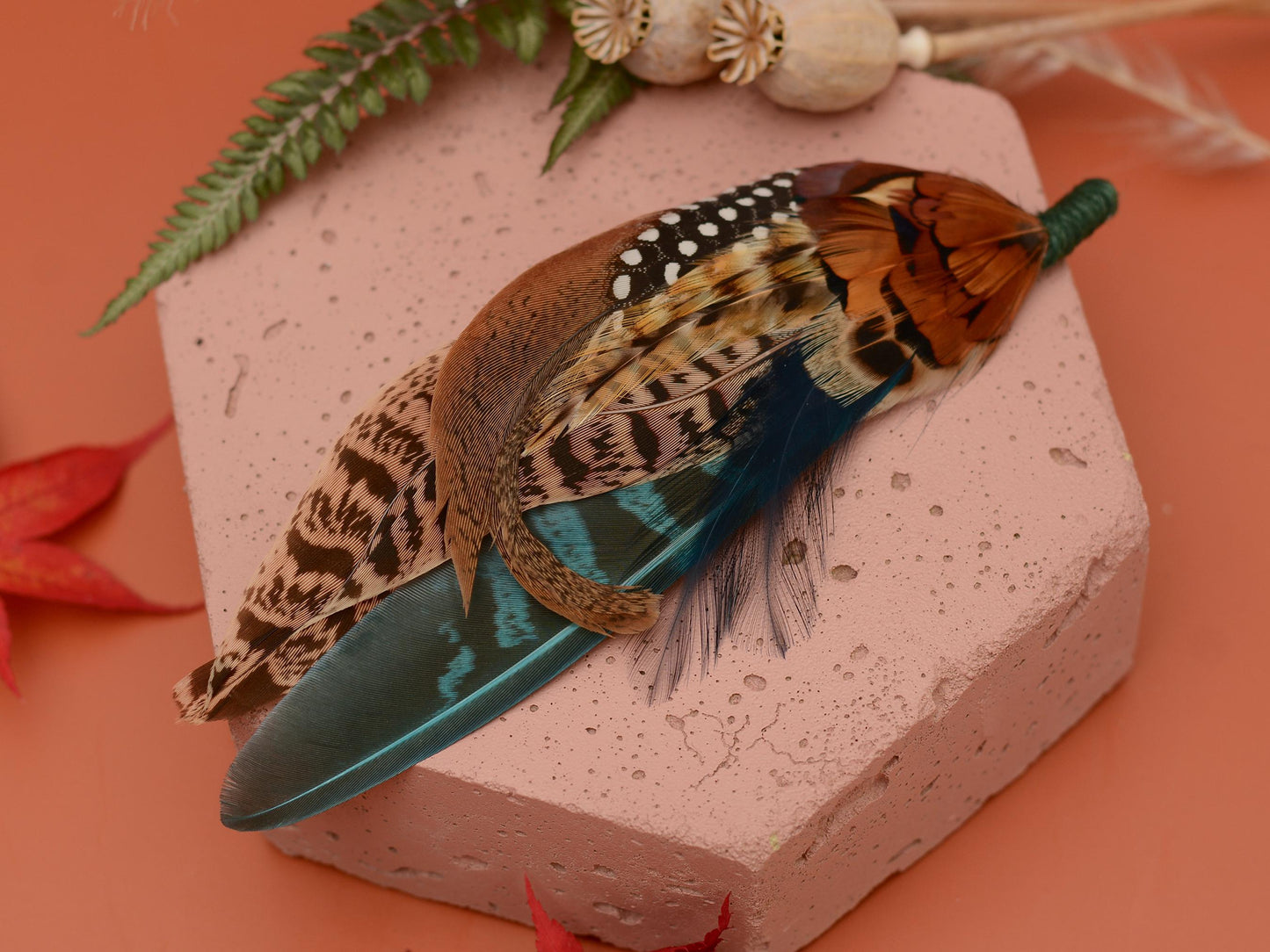 Pheasant Feather Hat Pin in Gren and Coper No.304 | Unique Pheasant Feather Boutonniere | Feather Brooch