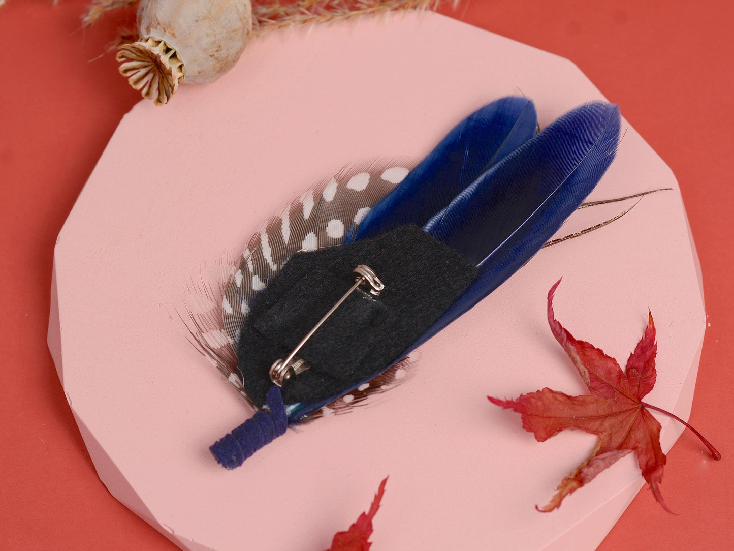 Navy Blue and Spotted Feather Boutonniere | Feather Brooch | Feather Hat Pin | Feather Corsage